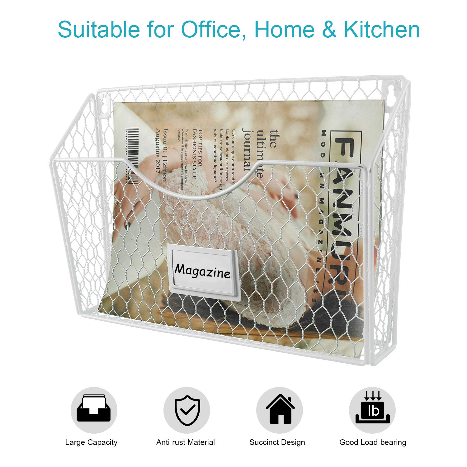 PAG-Mass 6 Pockets Hanging File Holder Wall Mount Mail Organizer Metal Chicken Wire Magazine Rack