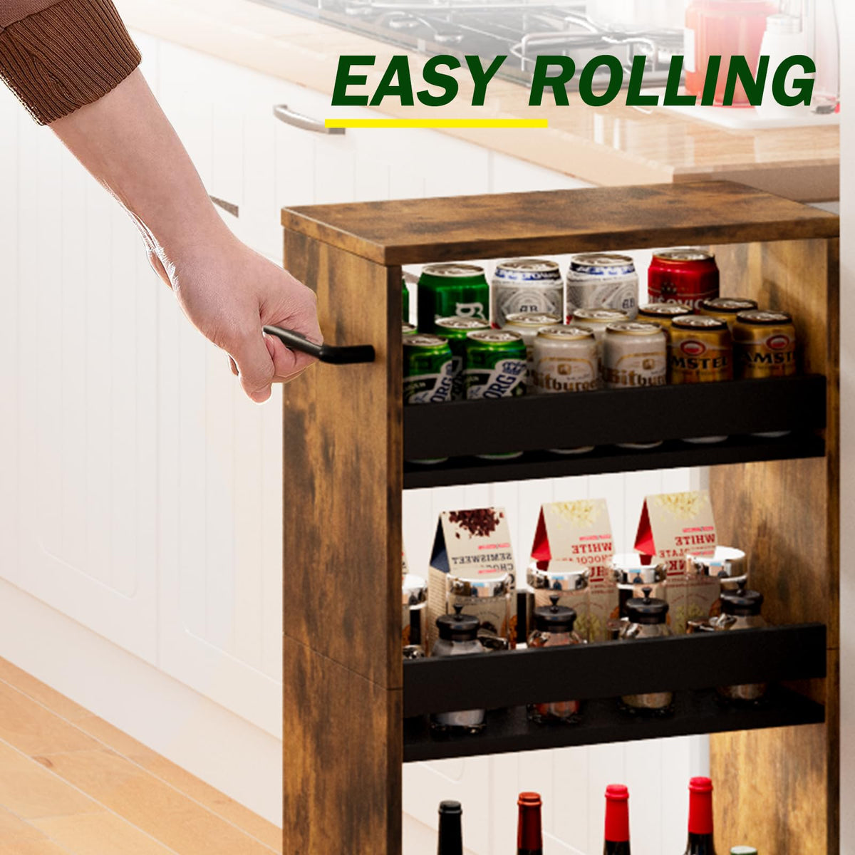 TEAMIX Slim Rolling Storage Cart, Wood 4-Tier Narrow Kitchen/Laundry Cart