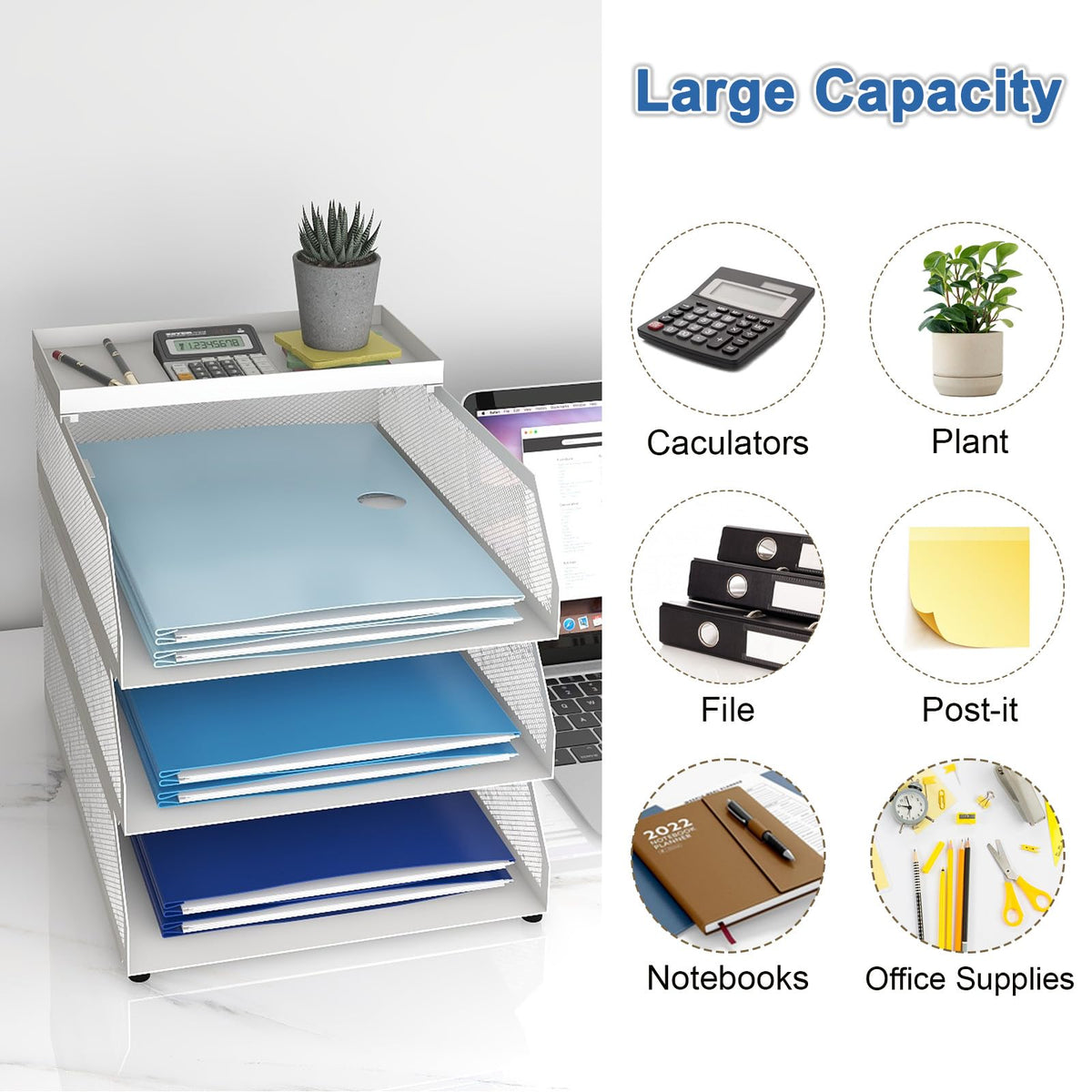 Natwind 3-Tier Stackable Metal Mesh Desk Paper Tray Organizer, White