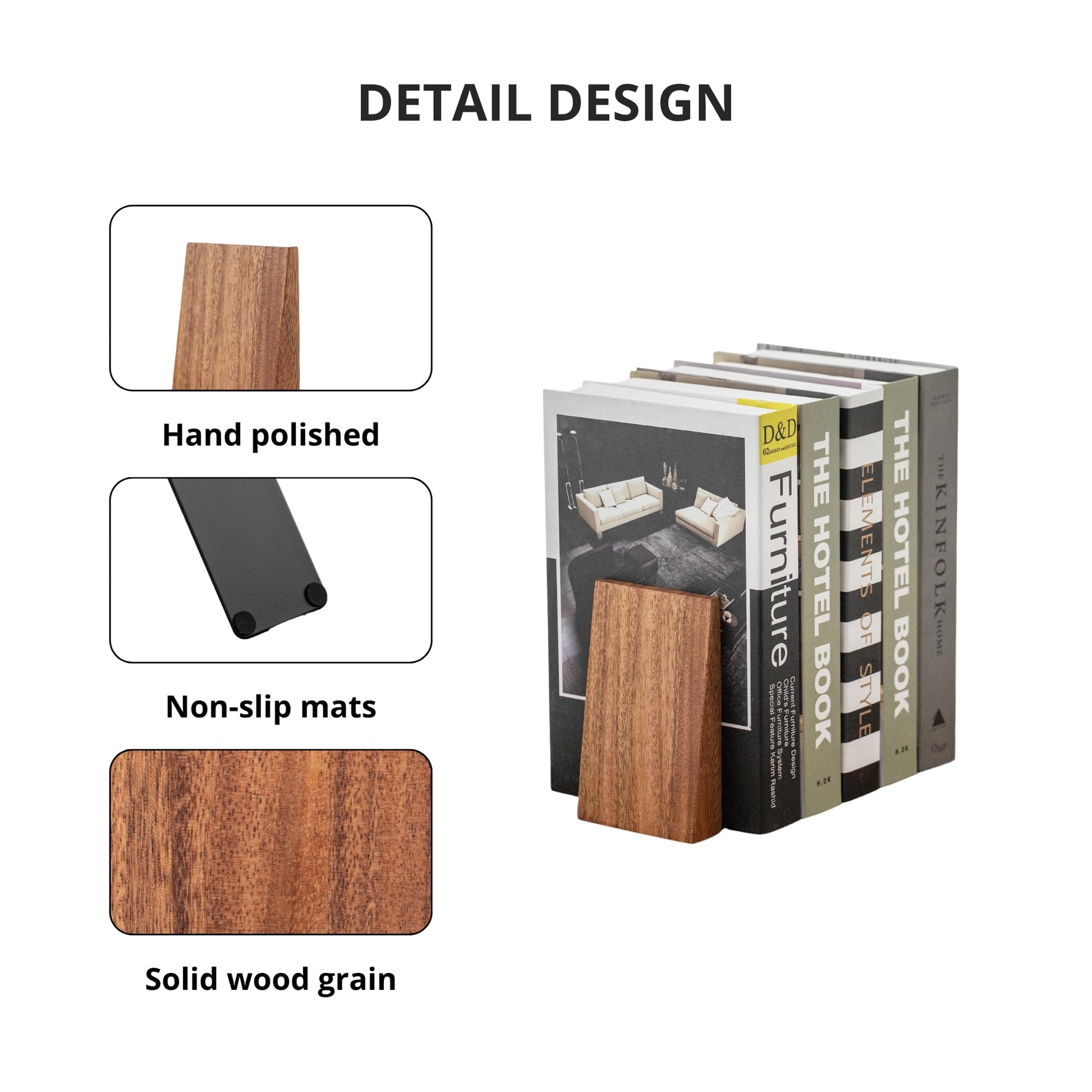 Muso Wood Book Ends, Thickened Wooden Bookends for Heavy Books, Creative Decorative Bookends for