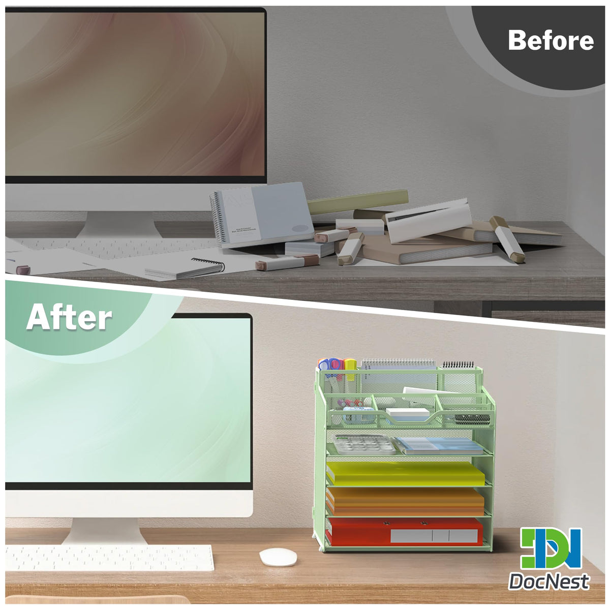 Docnest 5 Tier Mesh Desk Organizer with Letter Tray & Paper Sorter, Green