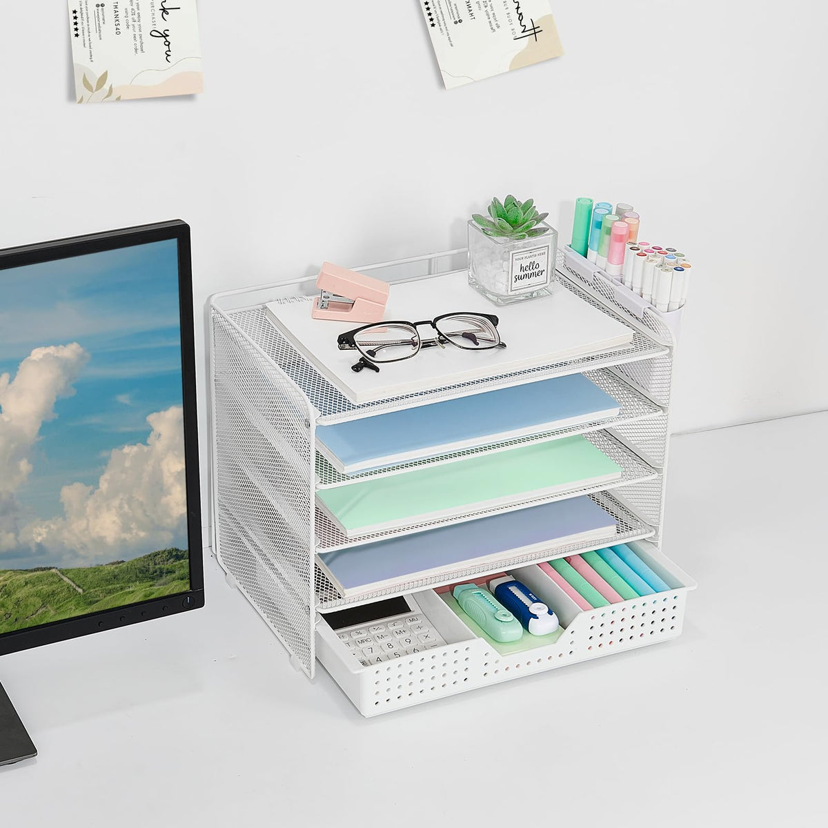 LEKETREE Desk Organizer and Accessories, 5-Tier Paper Letter Tray Organizer with Drawer & 2 Pen