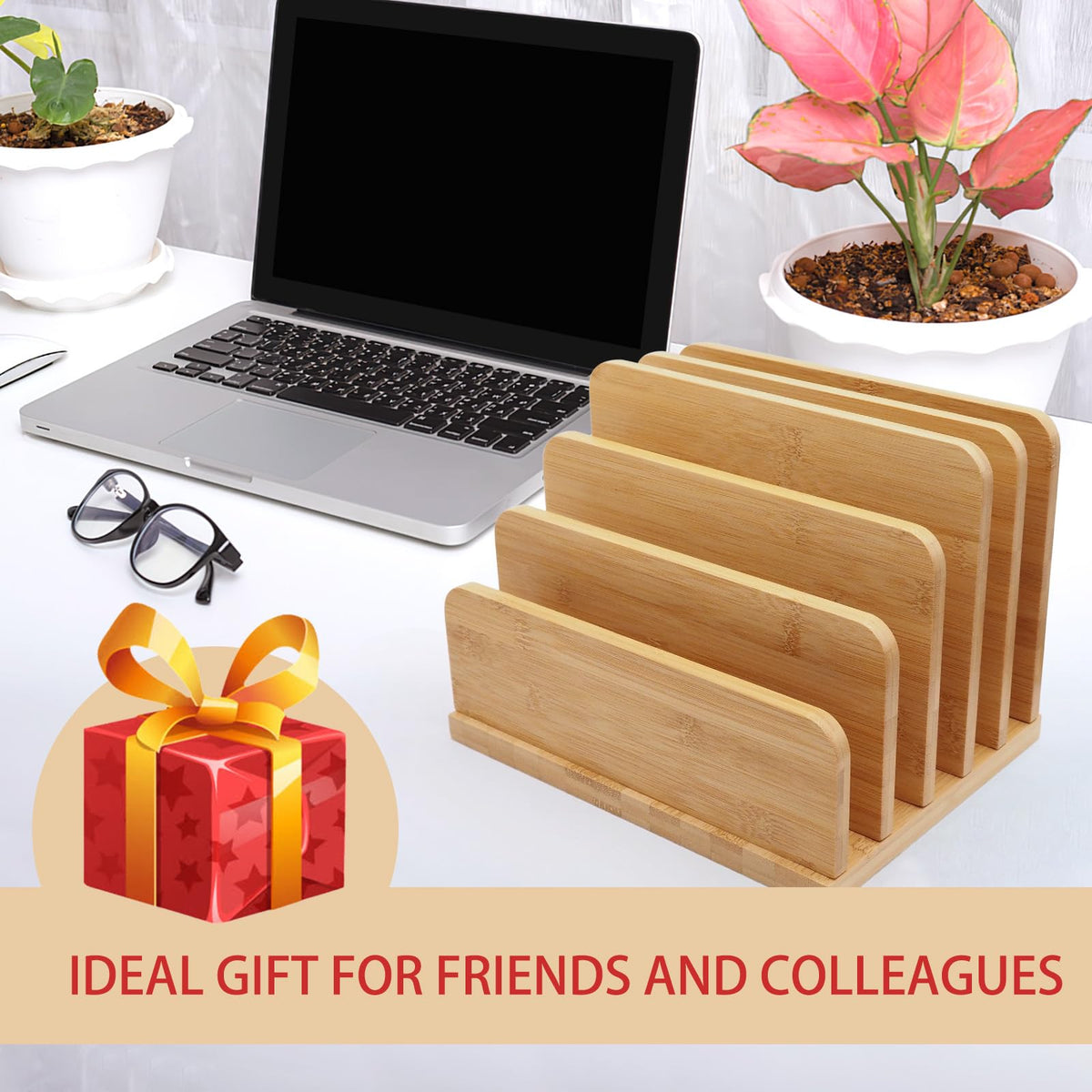 Deefielly Desk File Mail Organizer Countertop, 5 Slots Bamboo Folder Sorter Holder for Letter
