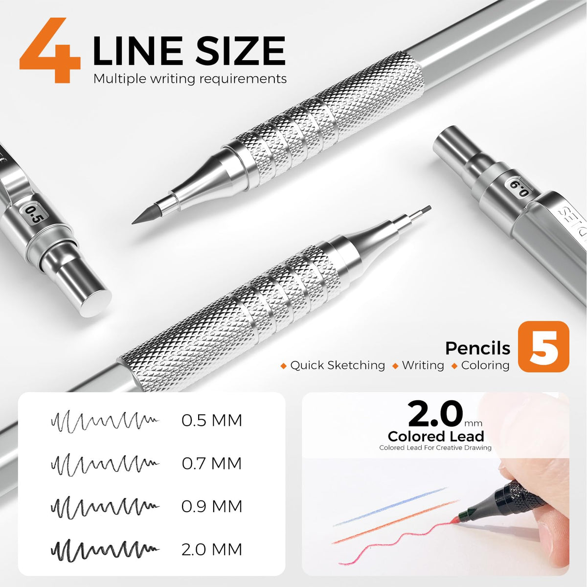 Four Candies Metal Mechanical Pencil Set, 3PCS Art Drafting Pencils 0.5, 0.7, 0.9MM & 2PCS 2MM