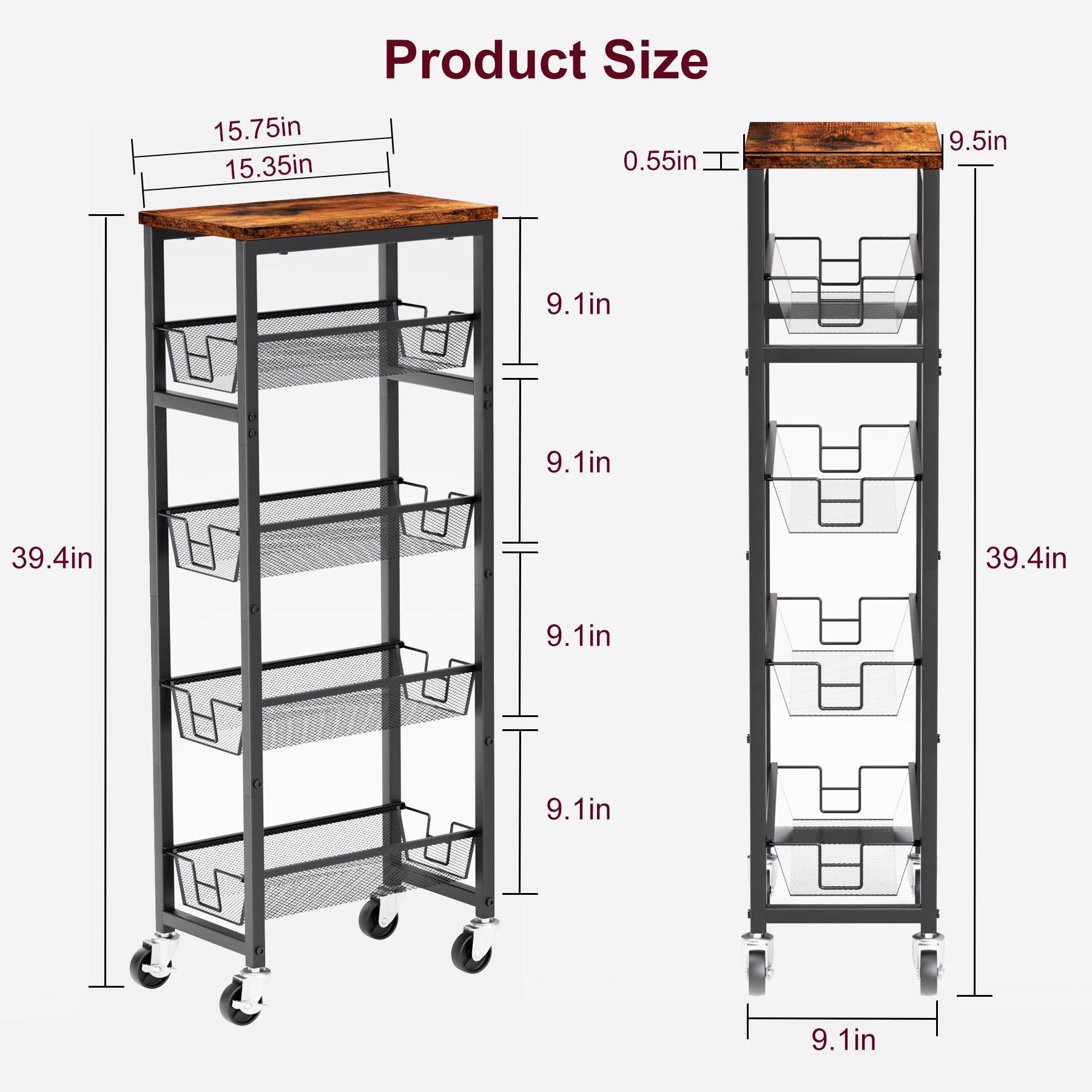 Slim Rolling Cart, 5-Tier Storage Cart, 9.1inch Narrow Kitchen Rolling Cart on Wheels for Small