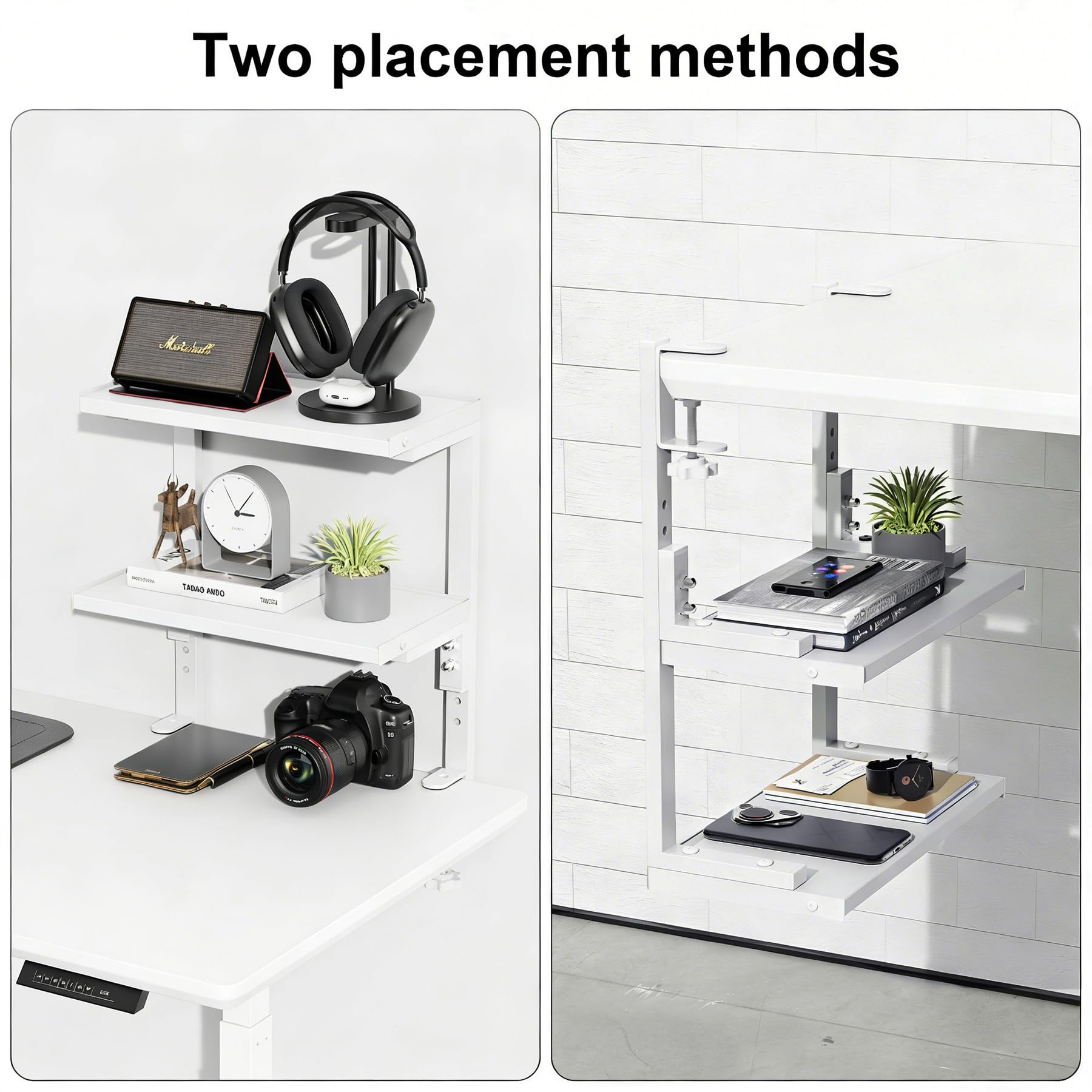 Spacrea Clamp on Desk Shelf, 2 Tier Office Desk Shelves Organizer, Wood Desktop Supplies Storage