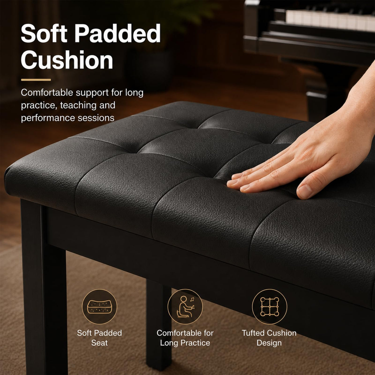 AODSK Wooden Duet Piano Bench with Padded Cushion and Storage Compartment for Music Books