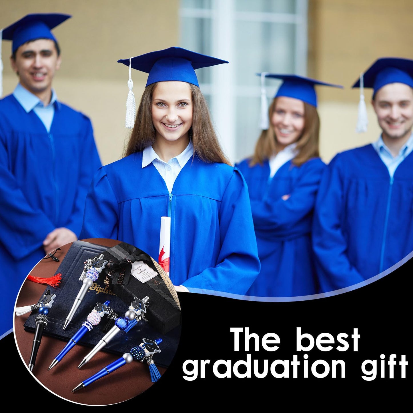 Jutom 12 Pcs Graduation Beadable Pens with 50 Pcs Focal Beads 12 Tassels 12 Cap Pendants DIY Making