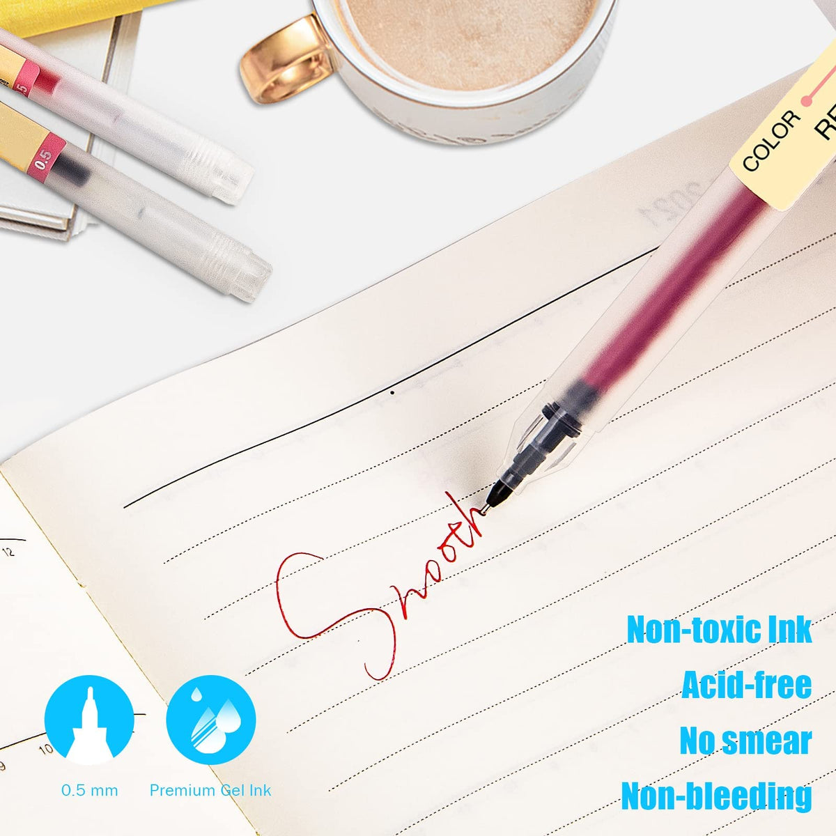 BEIWO Premium Gel Ink Ball Point Pen, [0.5mm] Fine Point 24 Color Pens, Smooth Writing Gel Pen for