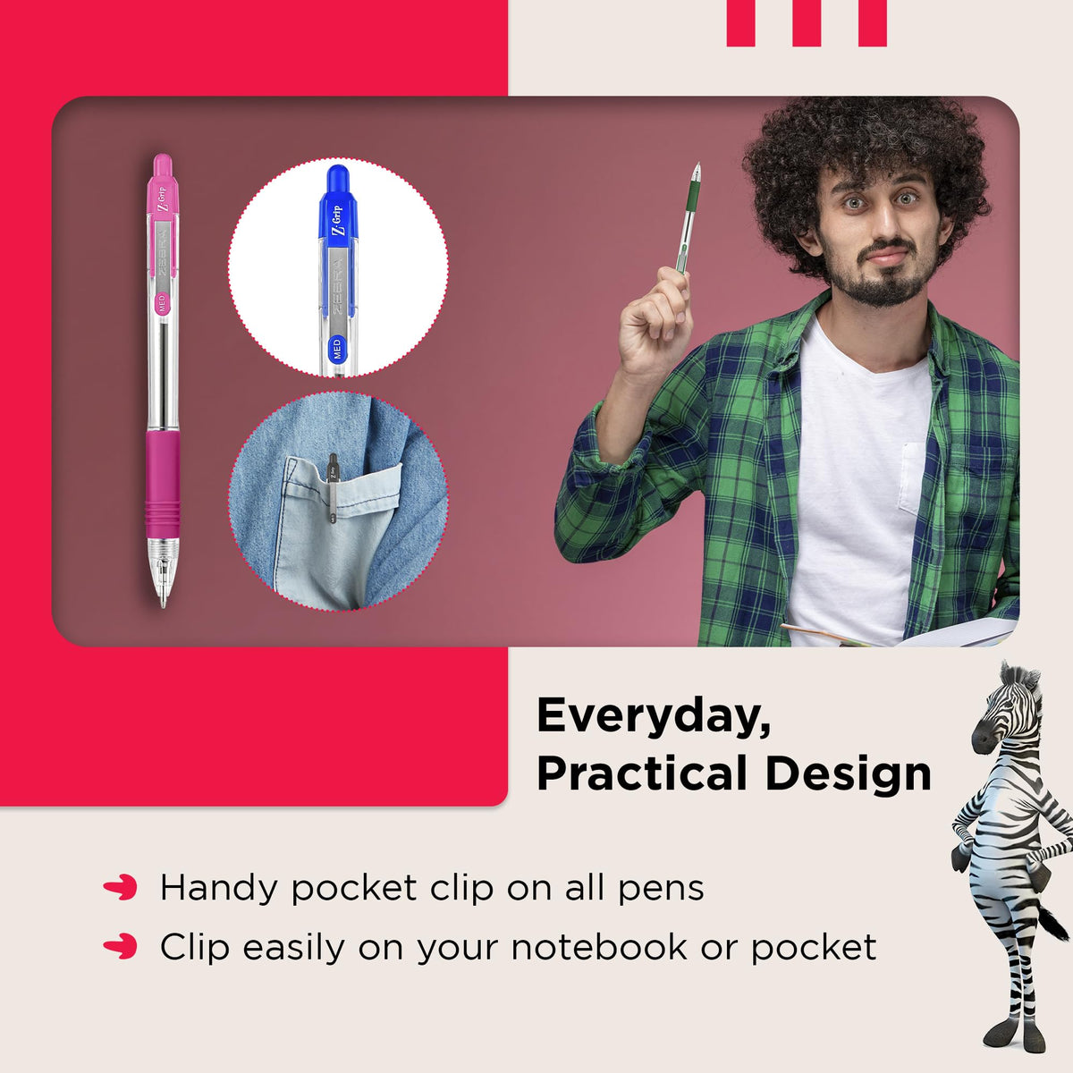ZEBRA Z GRIP Assorted Ballpoint Pens, Retractable with Smooth Ink, Comfortable Grip and Pocket Clip