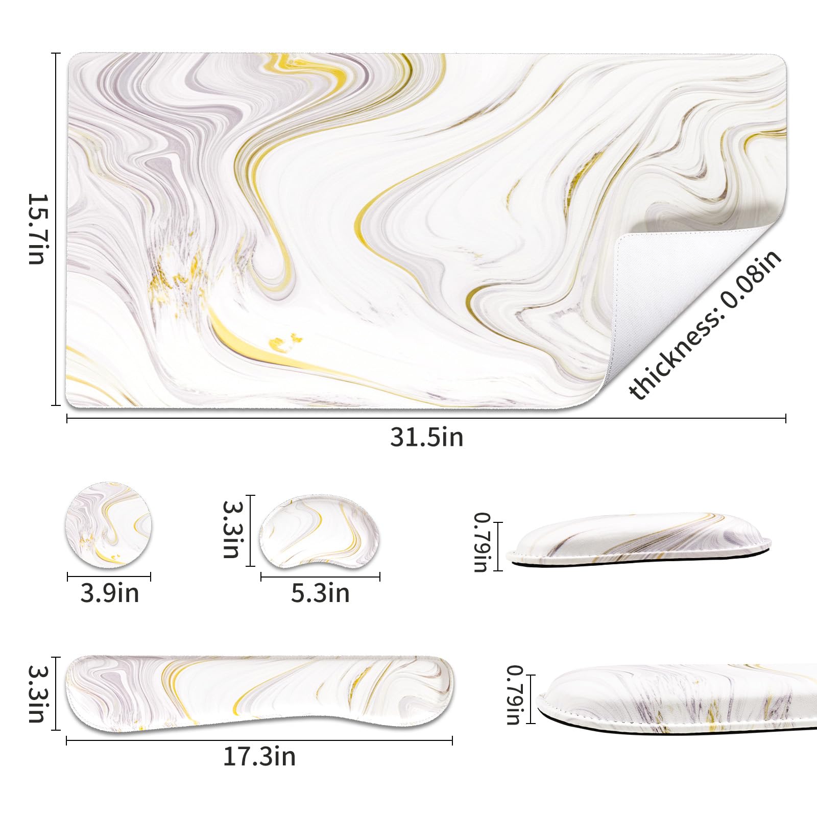 QiyI PU Leather Desk Mat Set, 4-in-1 Ergonomic Wrist Rest, White Marble