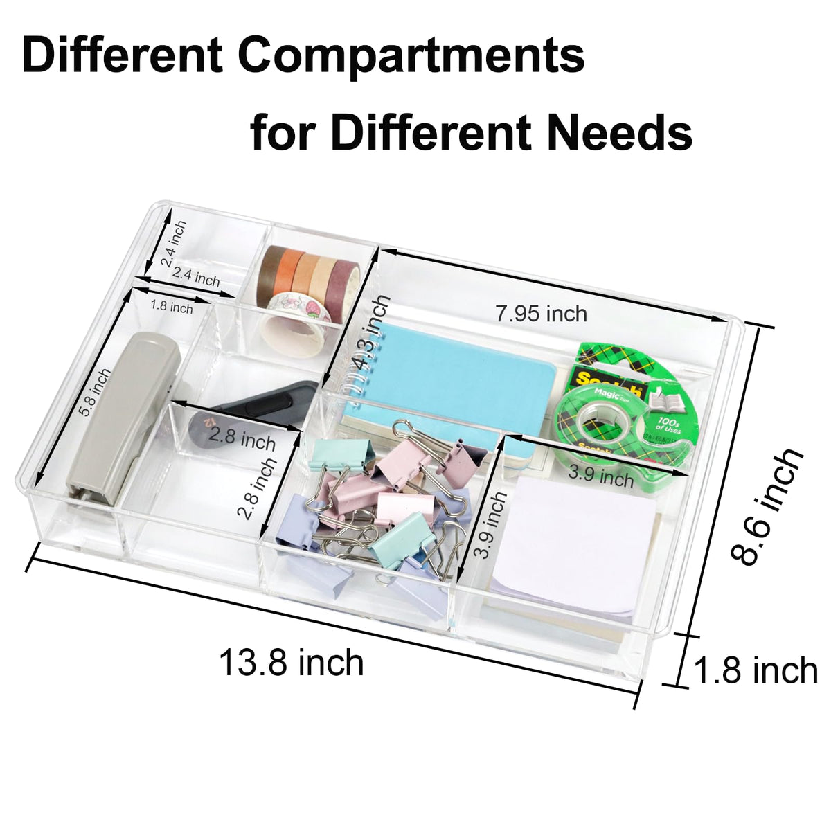 ZEXALOR 8-Section Clear Drawer Organizer, Large Acrylic Drawer Divider Tray for