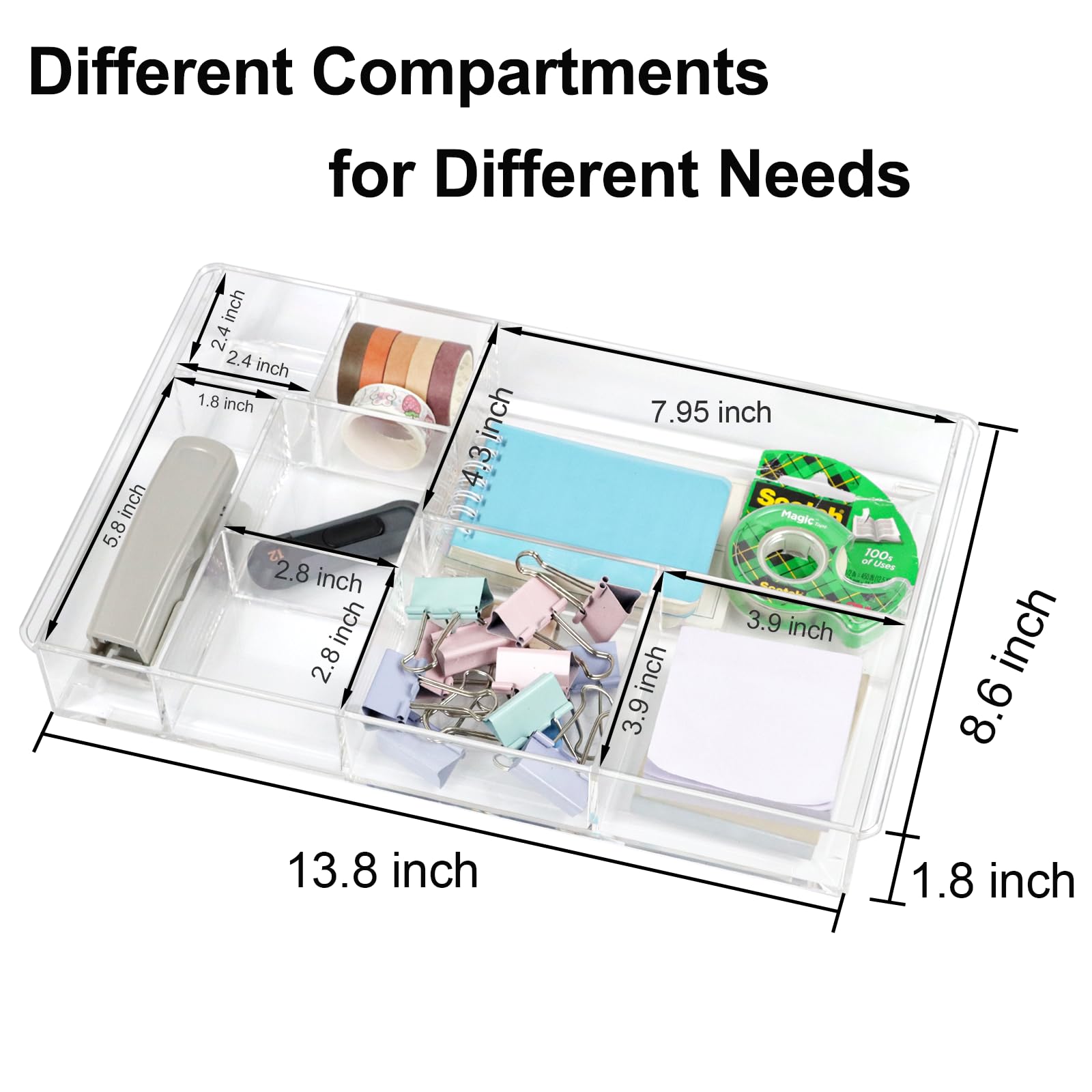 ZEXALOR 8-Section Clear Drawer Organizer, Large Acrylic Drawer Divider Tray for