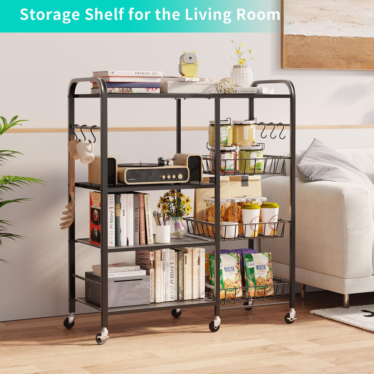 HapiRm Rolling Kitchen Microwave Cart - 4 Tier Microwave Table Stand with Pull-Out Baskets, Coffee