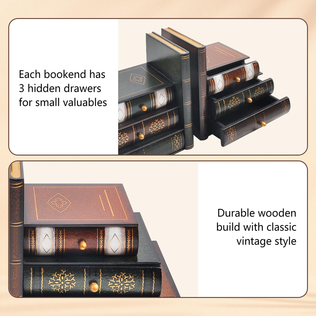Vintage Wooden Bookends with Drawers – Decorative False Book Shelf Organizer for Home, Office, or
