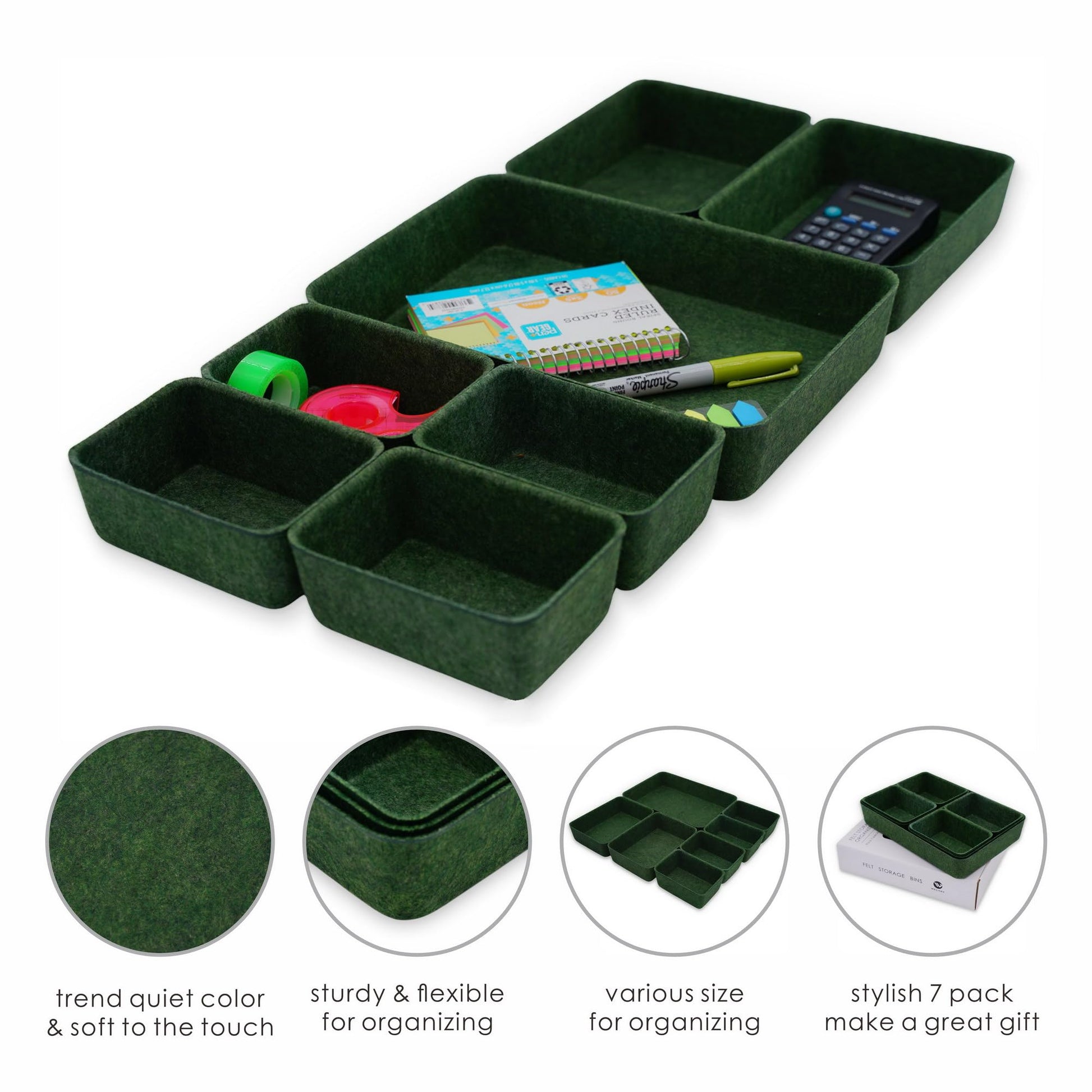 Welaxy 7-Piece Felt Drawer Organizer Bins, Dividers Tray Set, Forest Green