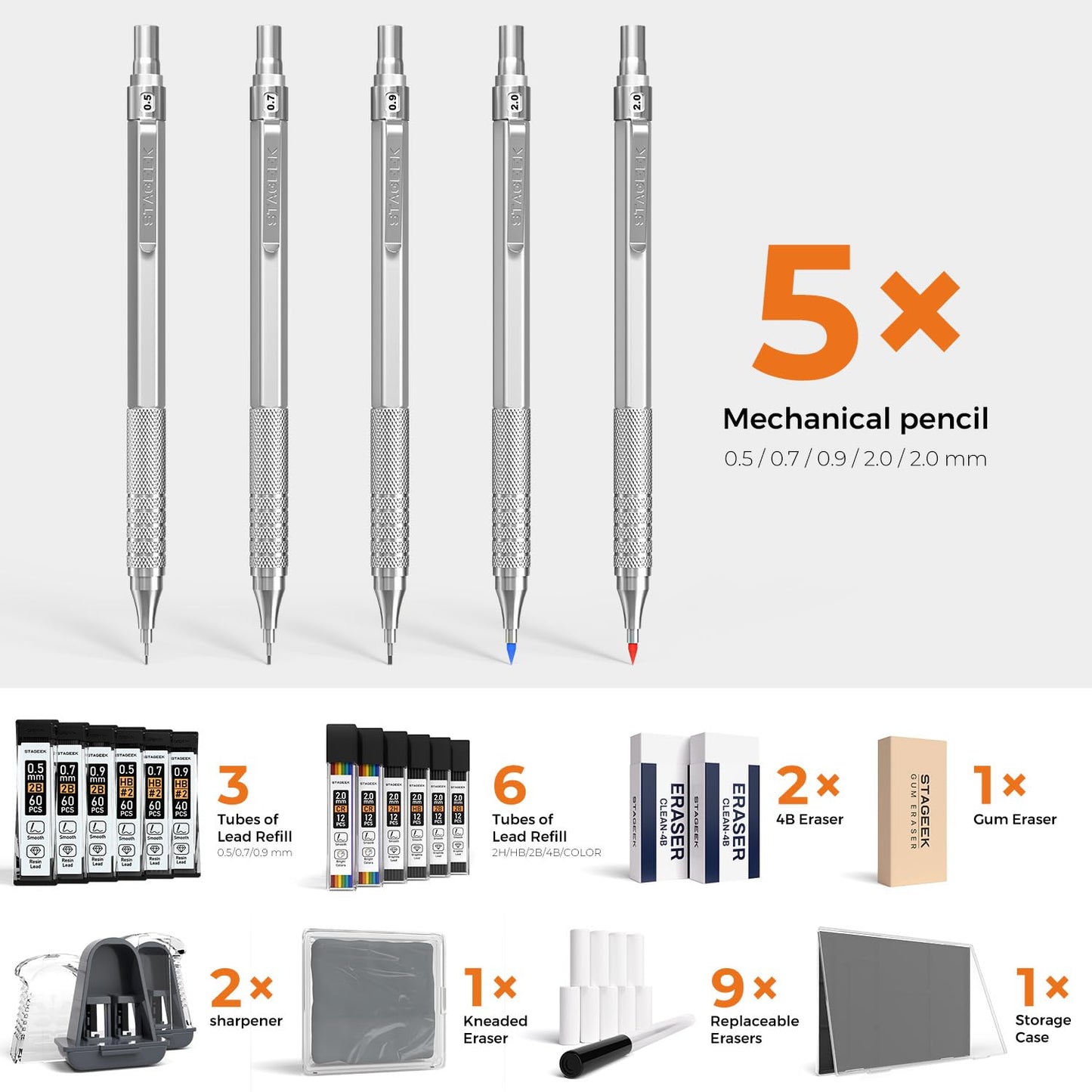 STAGEEK 25PCS Art Mechanical Pencil Set, 3PCS Metal lead pencil 0.5, 0.7, 0.9, 2PCS 2mm Drawing