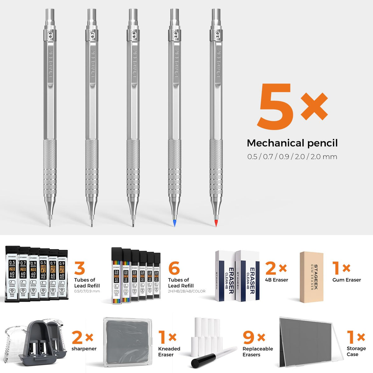 STAGEEK 25PCS Art Mechanical Pencil Set, 3PCS Metal lead pencil 0.5, 0.7, 0.9, 2PCS 2mm Drawing