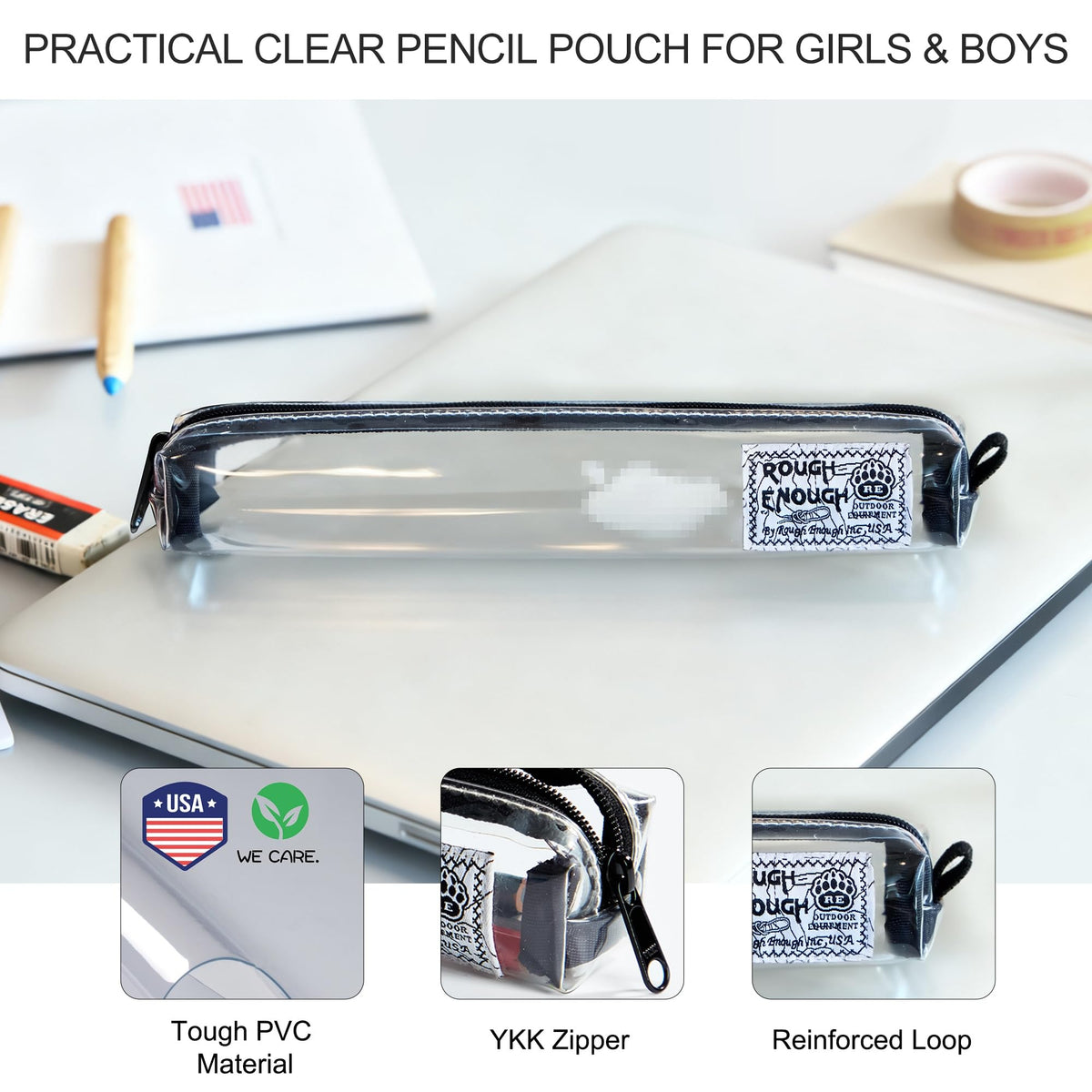 Rough Enough Clear Pencil Pouch, Slim Pen Case for Classroom & Office