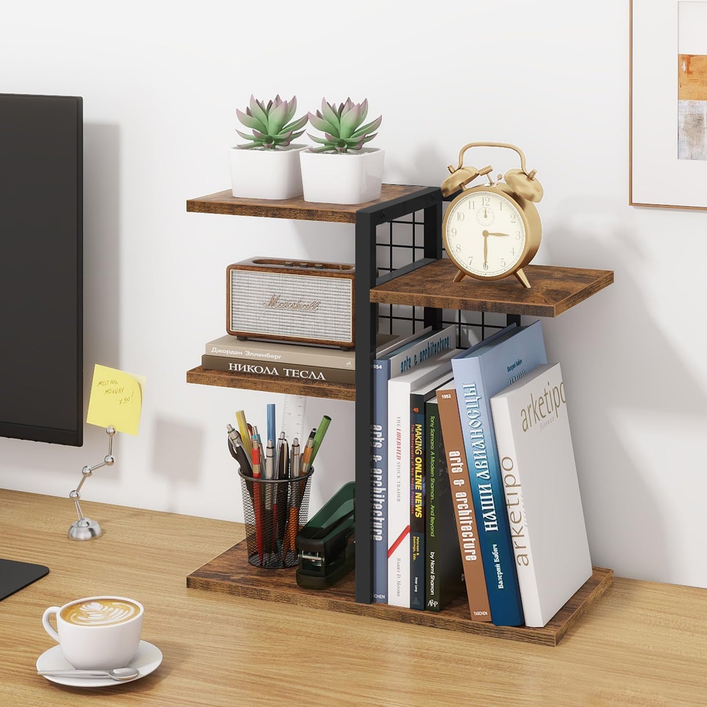 ELITEROO Desktop Shelf Organizer, 4-Tier Wooden Desk Bookshelf, Small Tabletop Book Shelf