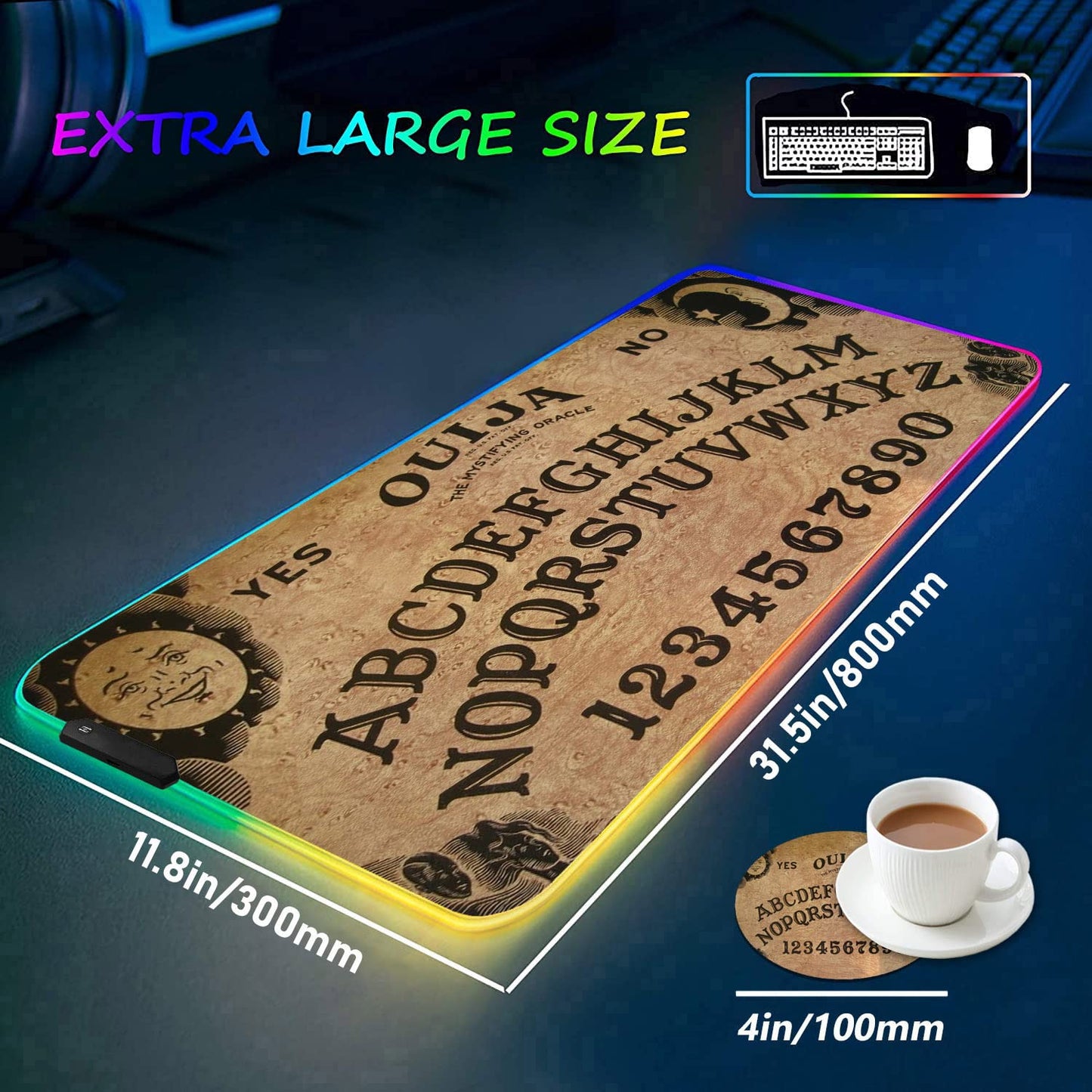 RGB Gaming Mouse Pad with Coffee Coaster, XXL Large Glowing LED Mousepad, Anti-Slip Rubber Base