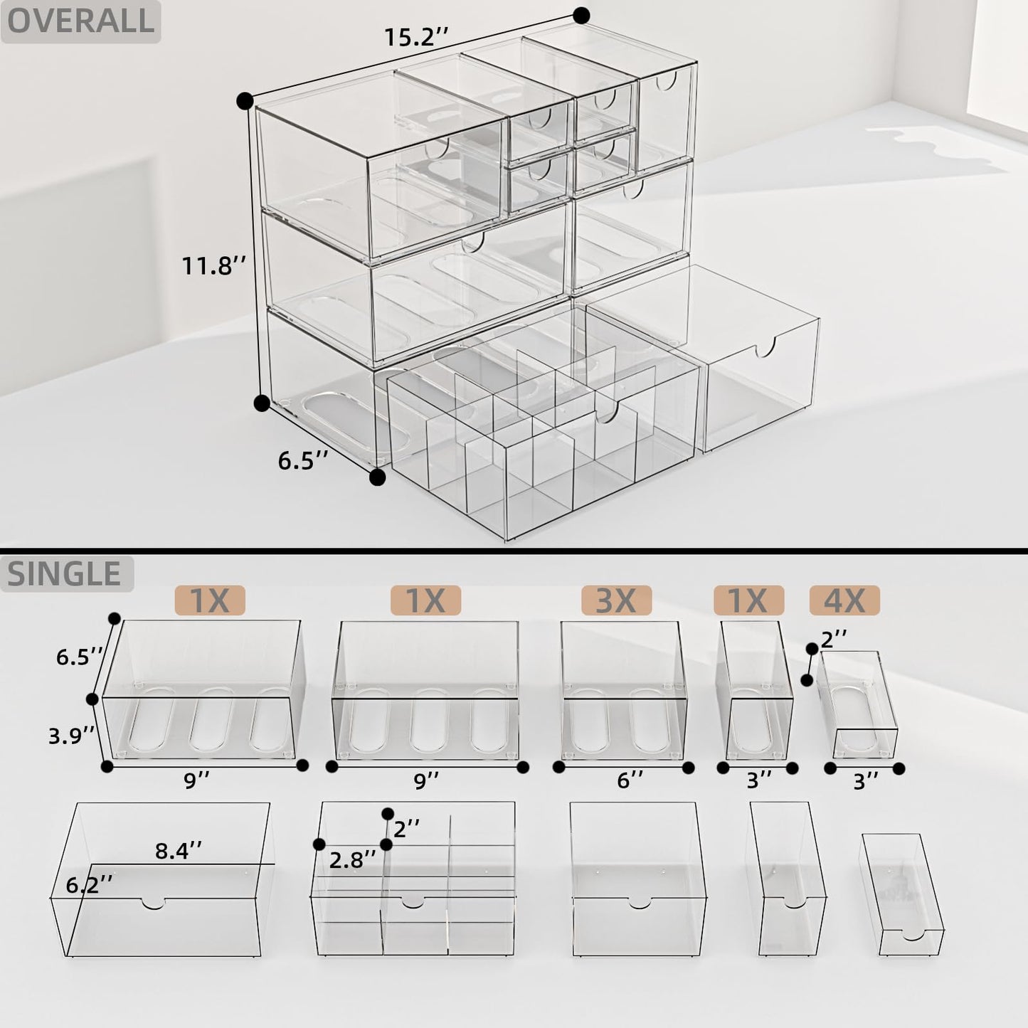 Yashong Clear 10-Drawer Stackable Desk Organizer Storage Set