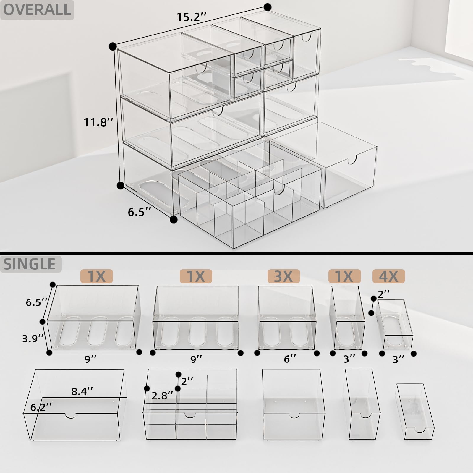 Yashong Clear 10-Drawer Stackable Desk Organizer Storage Set