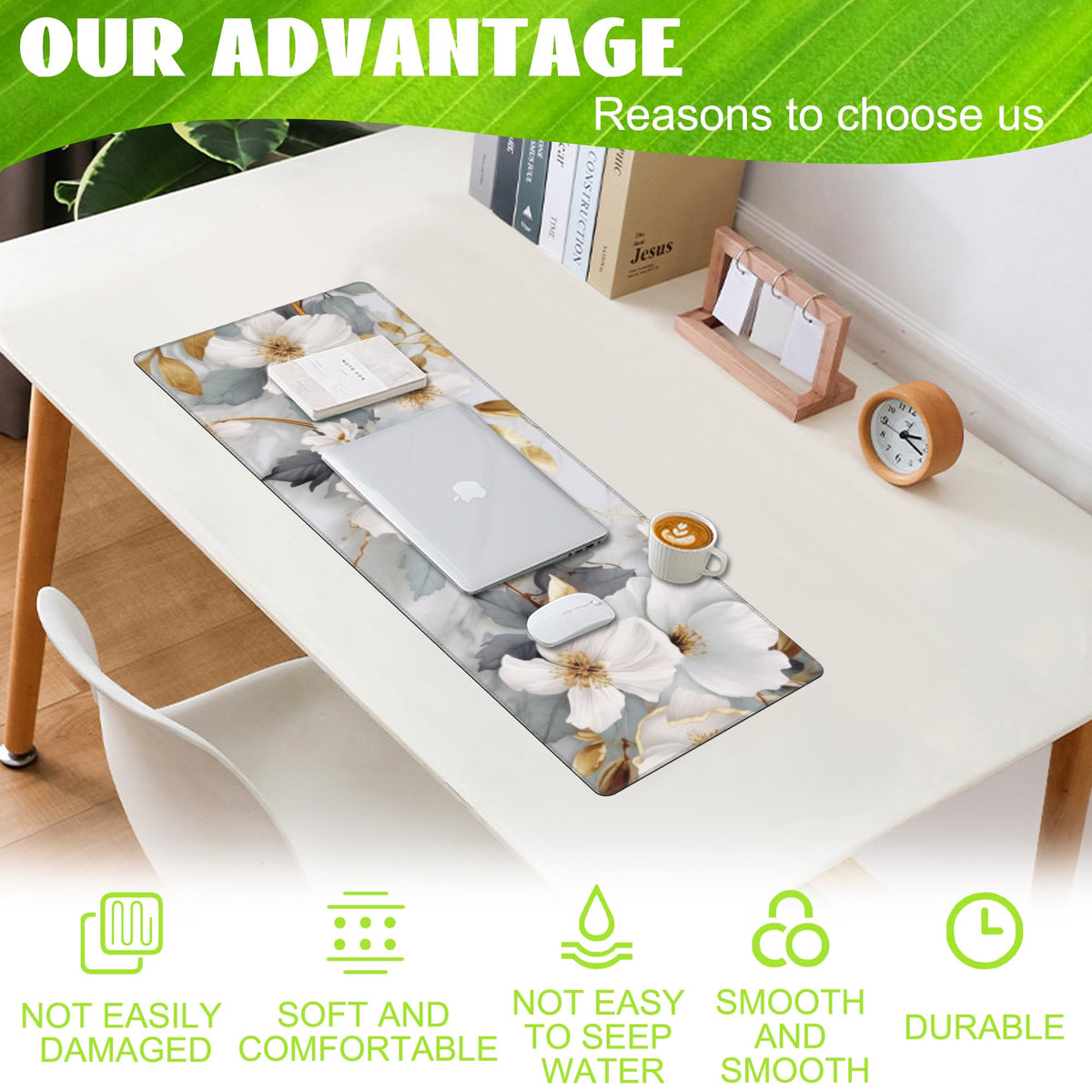 Eflxamz Desk Mat,White Gold Marble Desk Pad,White Flowers Golden Leaves Large Gaming Mouse Pad for