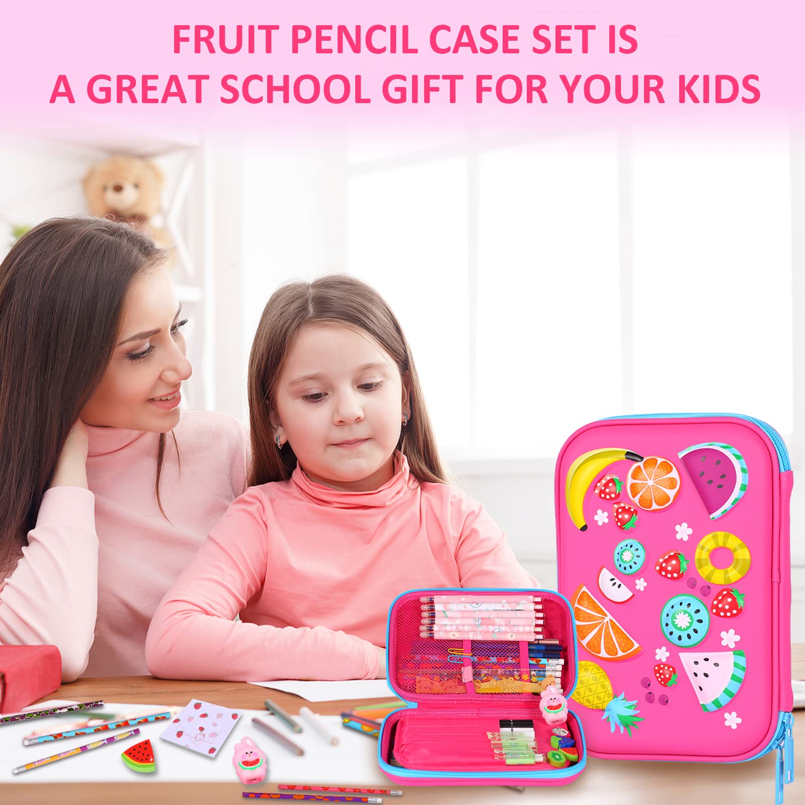homicozy Pencil Case for Girls,Cute Fruit Stationary Set for Kids,3D EVA School Large Capacity