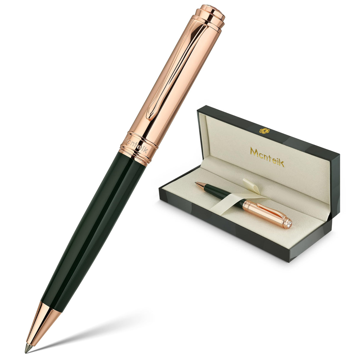 MCNTEIK Luxury Gel Pen, Top Set With 8mm Brilliant Diamond,Dark Green Pen Body,Attractive Rose Real