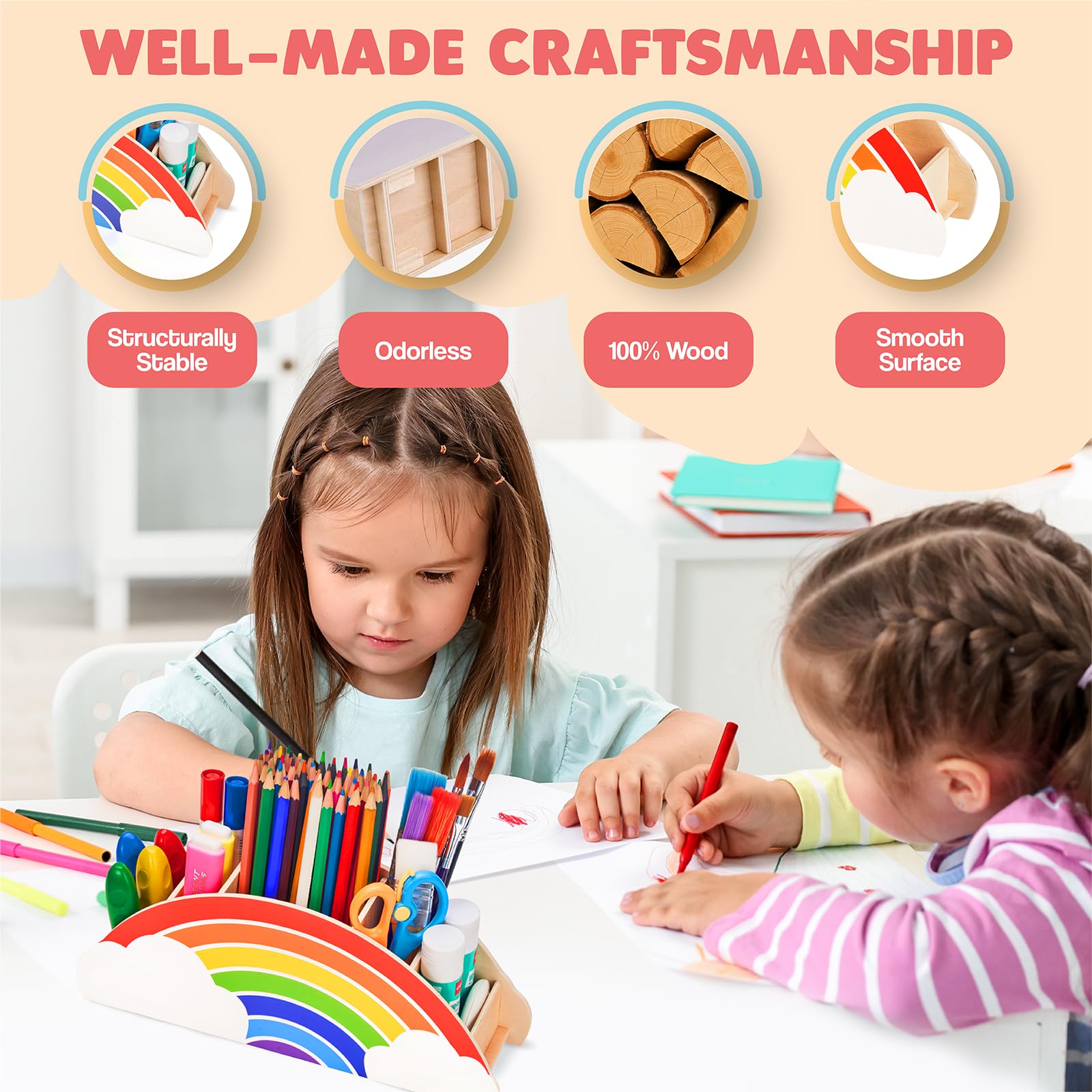 GAMENOTE Rainbow Wooden Desk Organizer Natural Wood No Smell Childfriendly Cute Pen Pencil Holder