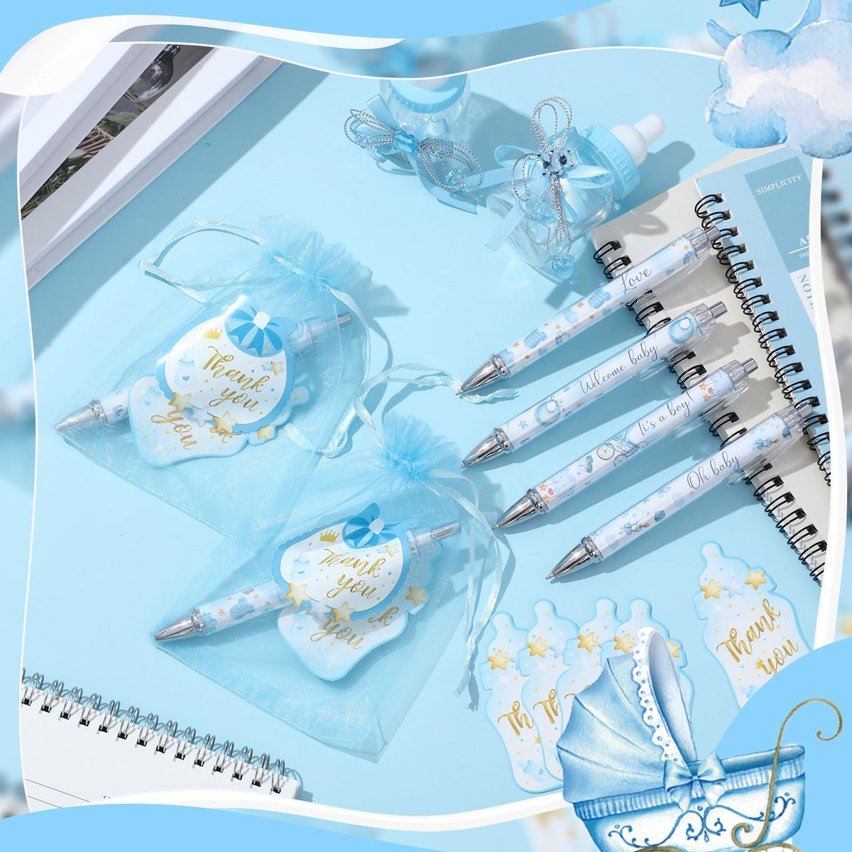 Chuangdi 50 Sets Boy Blue Shower Favors for Guests – 50 Ballpoint Pens with Organza Gift Bags &