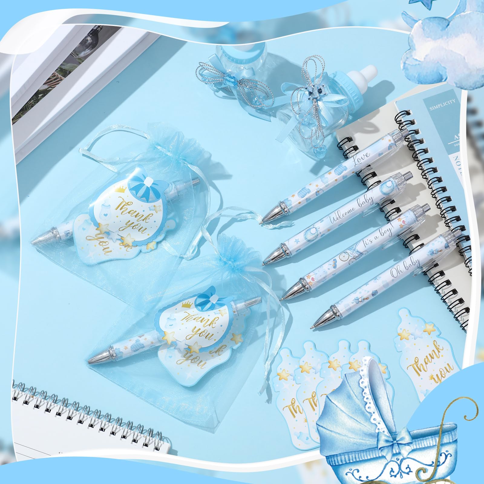 Chuangdi 50 Sets Boy Blue Shower Favors for Guests – 50 Ballpoint Pens with Organza Gift Bags &