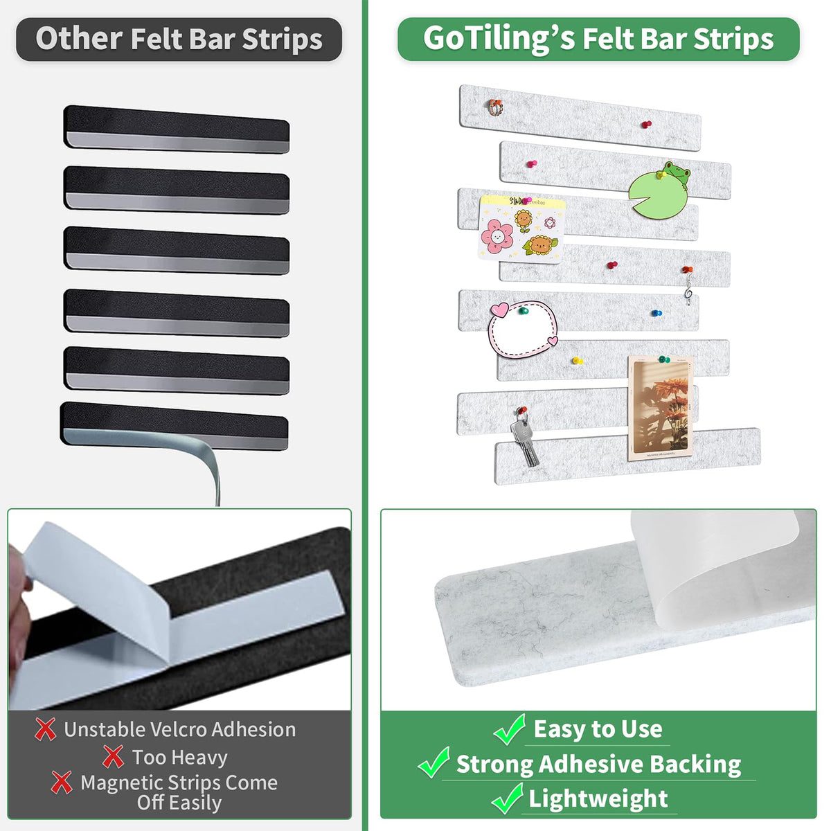 GoTiling Cork Board for Walls - 8 Pack Felt Pin Board Bar Strips - Self-Adhesive Lightweight