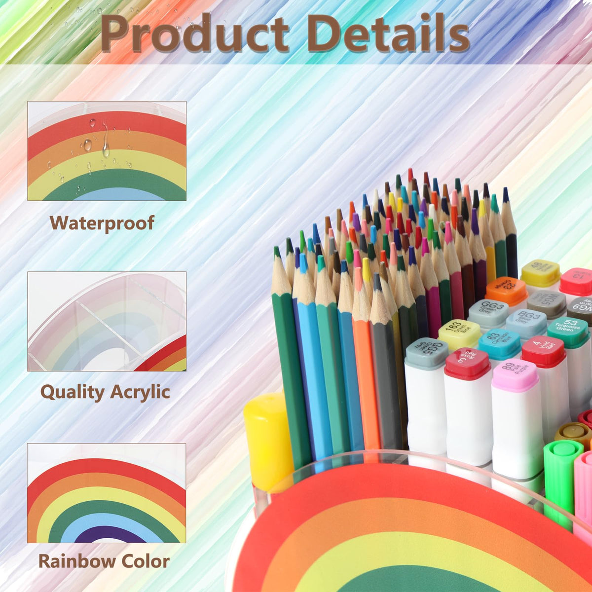 Flytreal Acrylic Pen Pencil Holder Clear Desk Organizer, Rainbow Home Office Desk Pen Storage