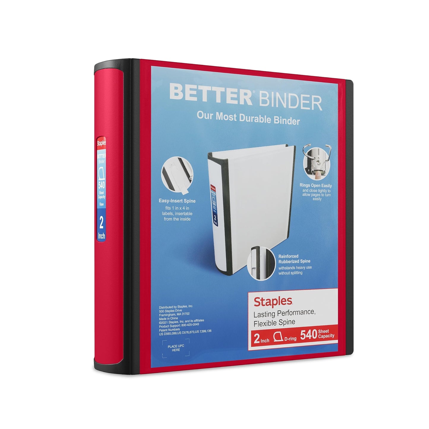 Staples Better Binder, 2 Inch D-Ring, Red, 540 Sheets, 2-Pack