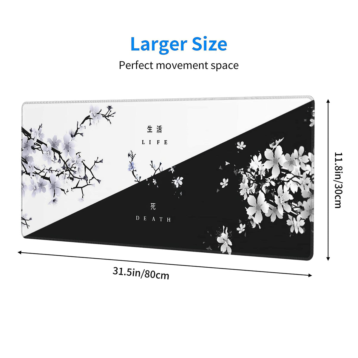 Black White Cherry Blossom Mouse Pad Japanese Sakura Death Life Flower Extended Desk Mat 80X30 cm