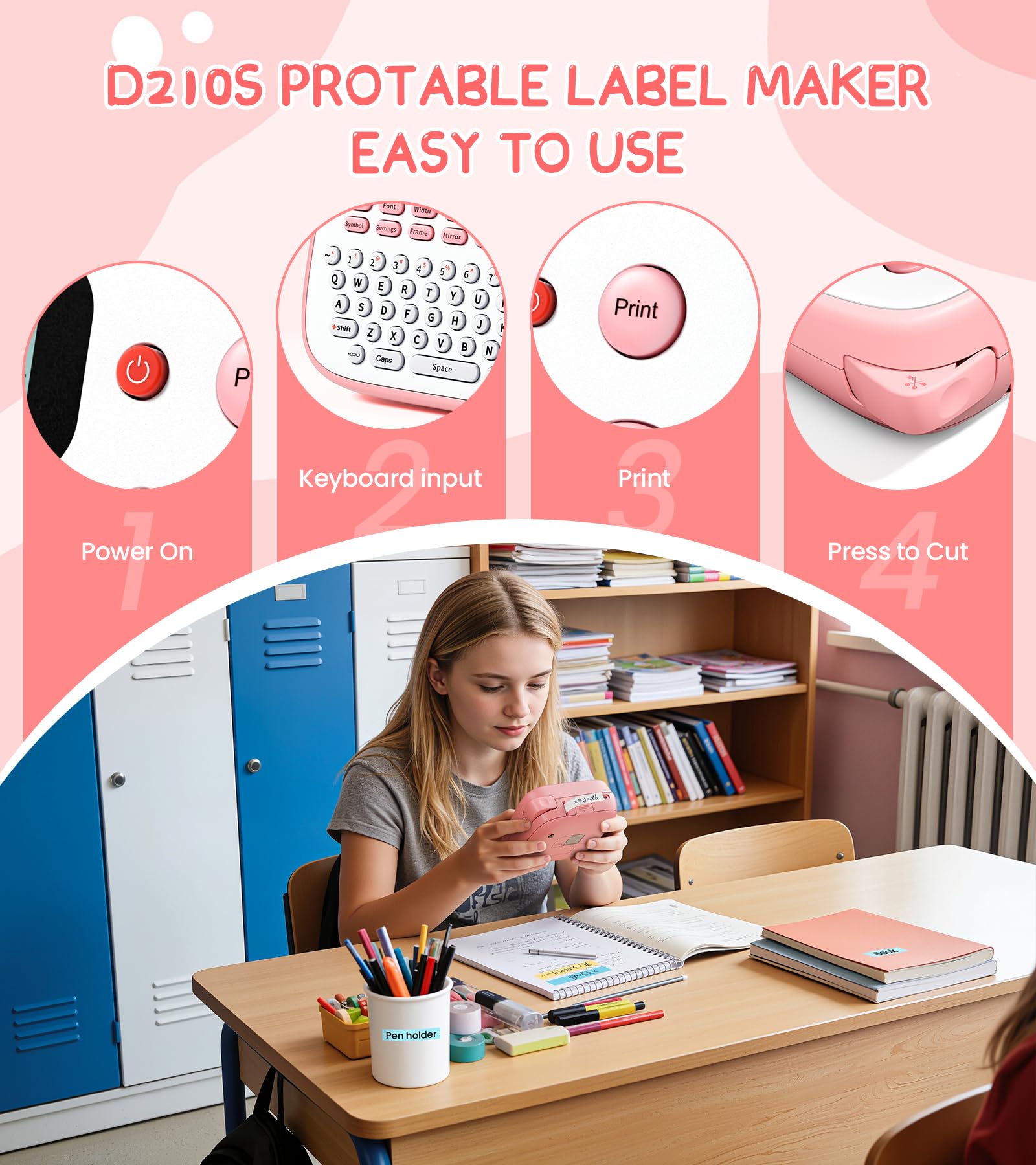 EazeID Pink Label Maker Machine with 4 Tapes Laminated Waterproof-Labels