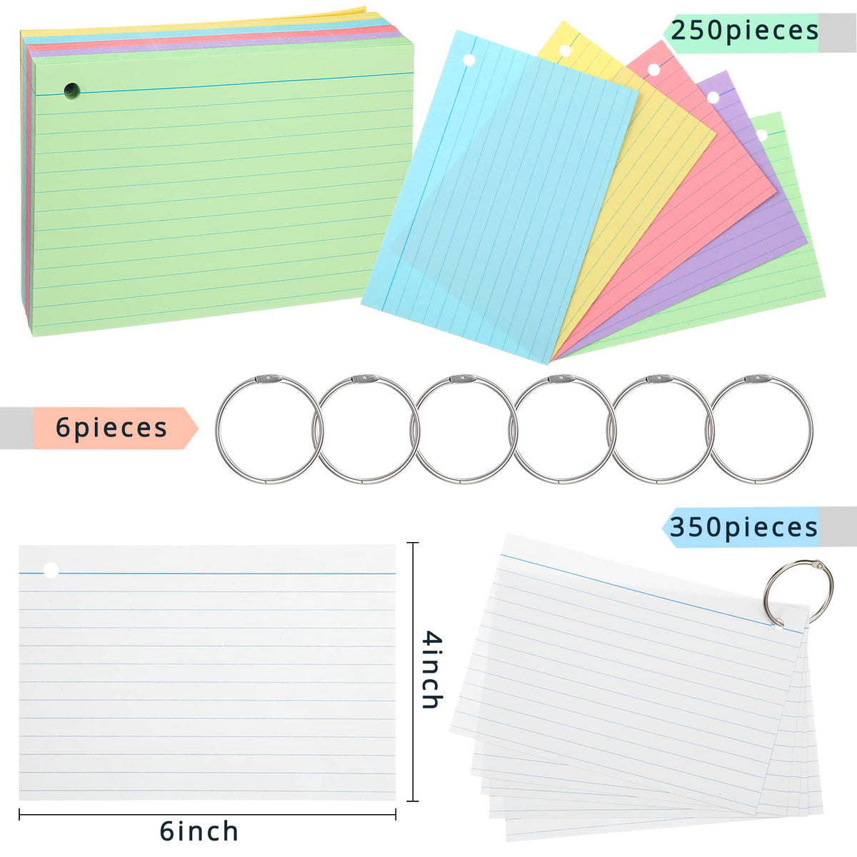 Epakh 300 Pcs Index Cards with Rings, 4 x 6 Inch, Light Color