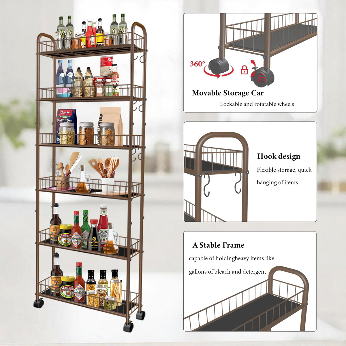 RUOZTEOO 6in 6-Tier Slim Storage Cart with Wheels, Metal Narrow Rolling Shelf, Sturdy Slim Storage