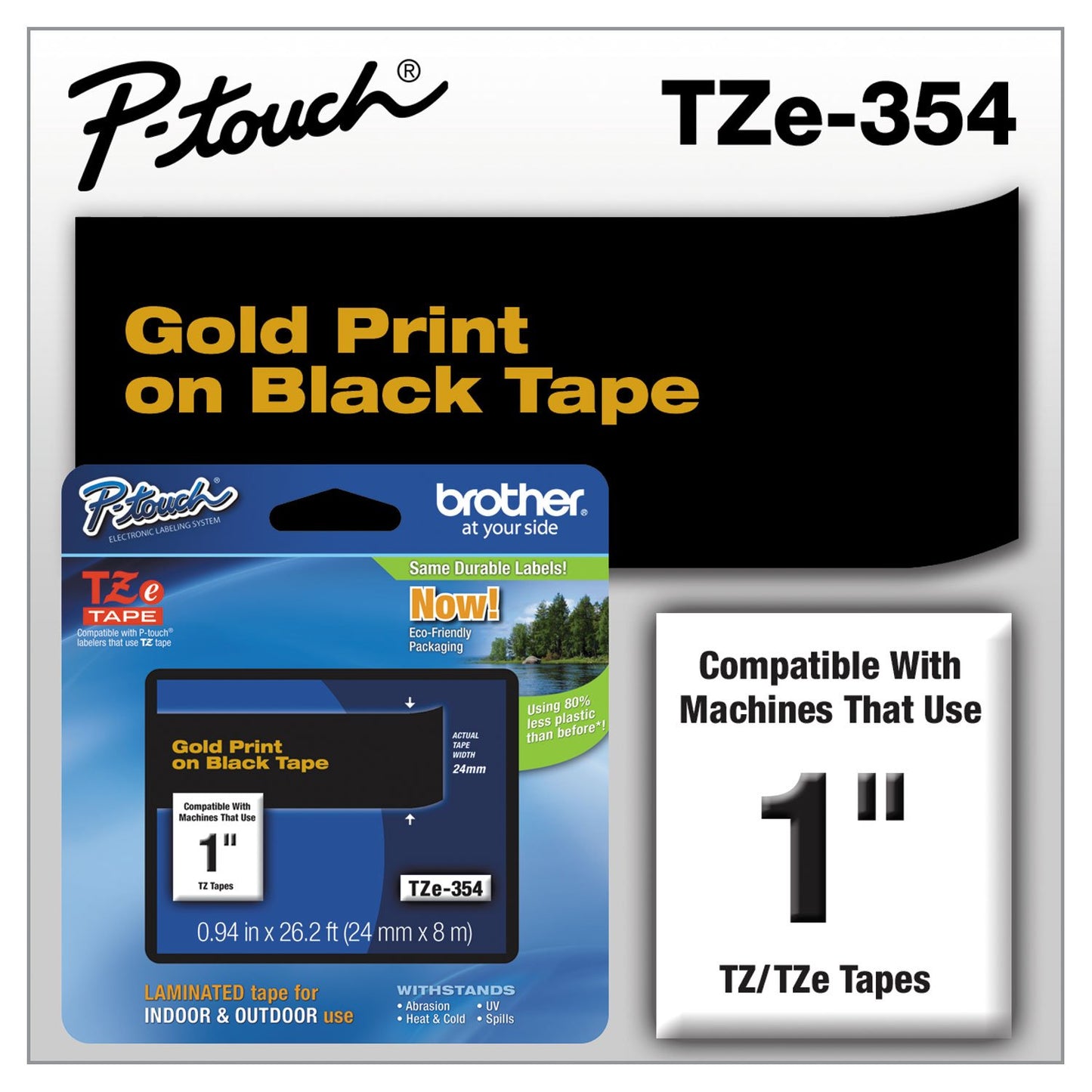 Brother Genuine P-Touch TZE-354 Tape, 1" (0.94") Wide Standard Laminated Tape, Gold on Black
