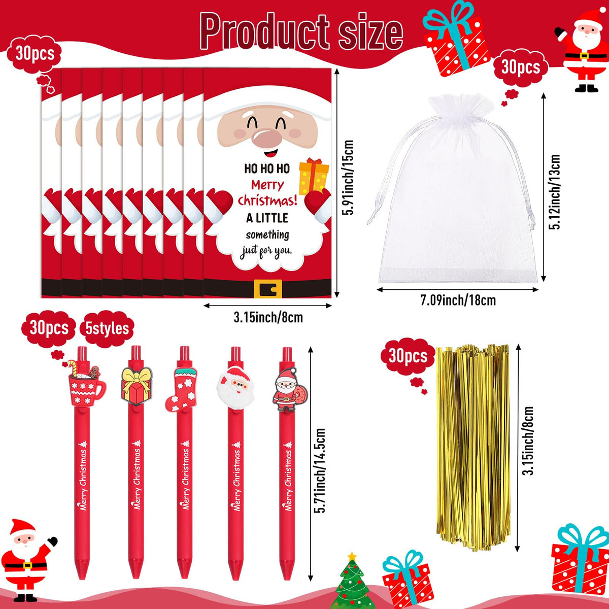 Marspark 30 Set Santa Gifts Bulk Christmas Ballpoint Pens and Greeting Card