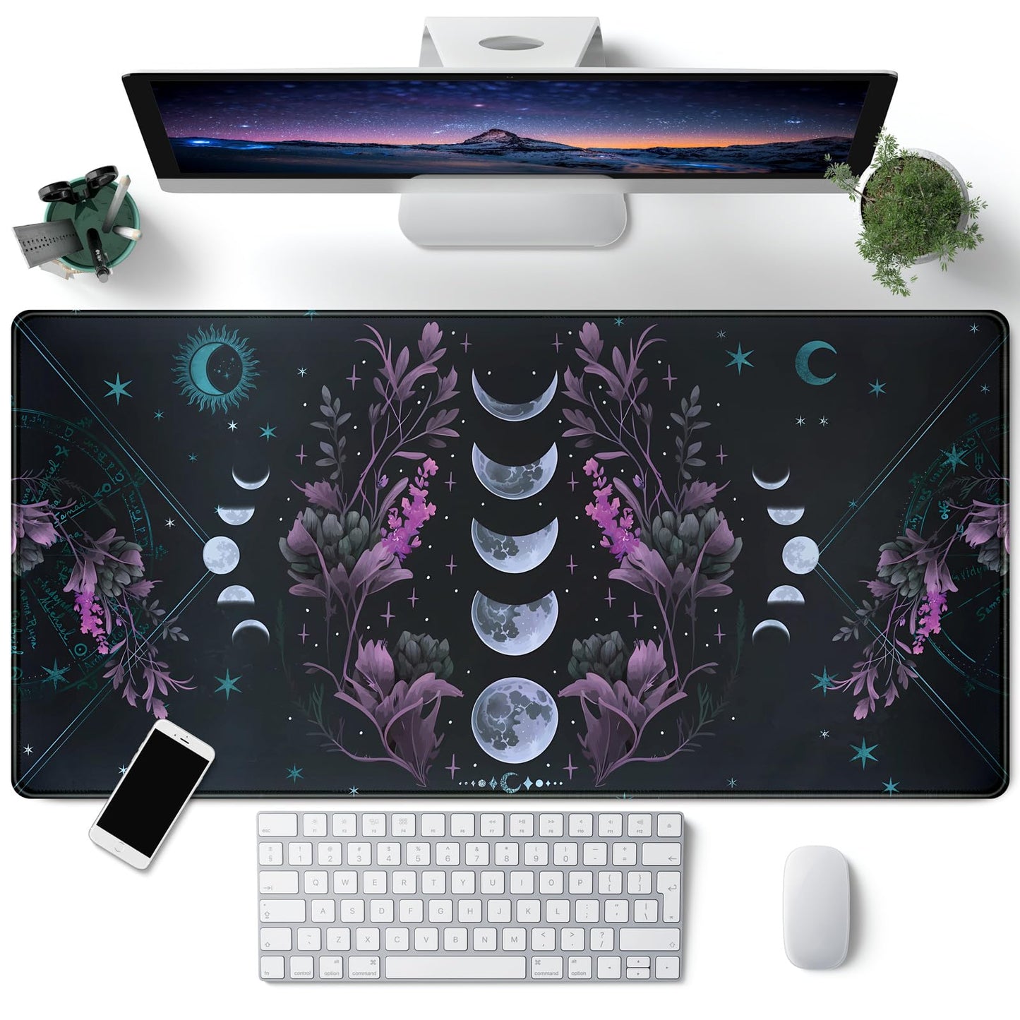 Celestial Moon Phases Mouse Pad Large Purple Desk Mat Forest Extended Gaming Mousepad Violet Teal