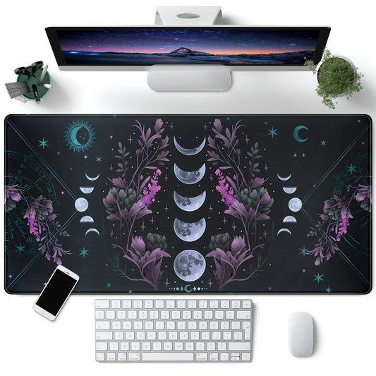 Celestial Moon Phases Mouse Pad Large Purple Desk Mat Forest Extended Gaming Mousepad Violet Teal