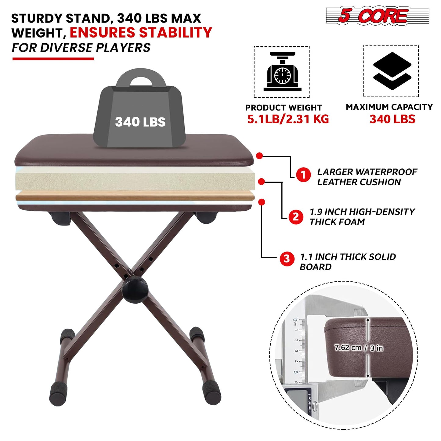 5 CORE Piano Bench X-Style Foldable 3" Padded Keyboard Seat Adjustable Height for Keyboards Synths