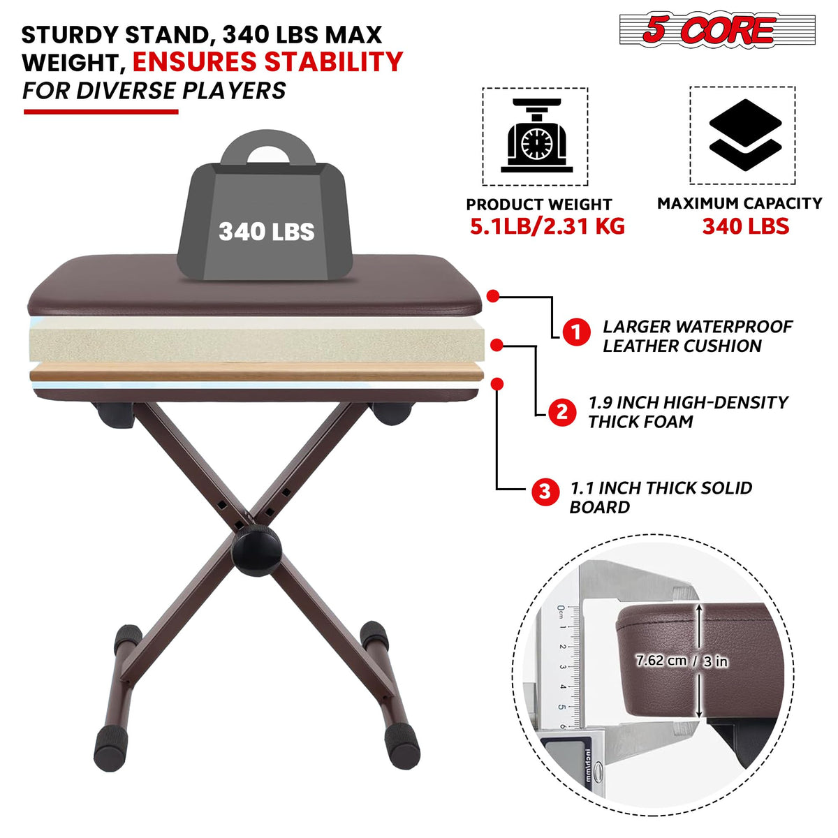 5 CORE Piano Bench X-Style Foldable 3" Padded Keyboard Seat Adjustable Height for Keyboards Synths