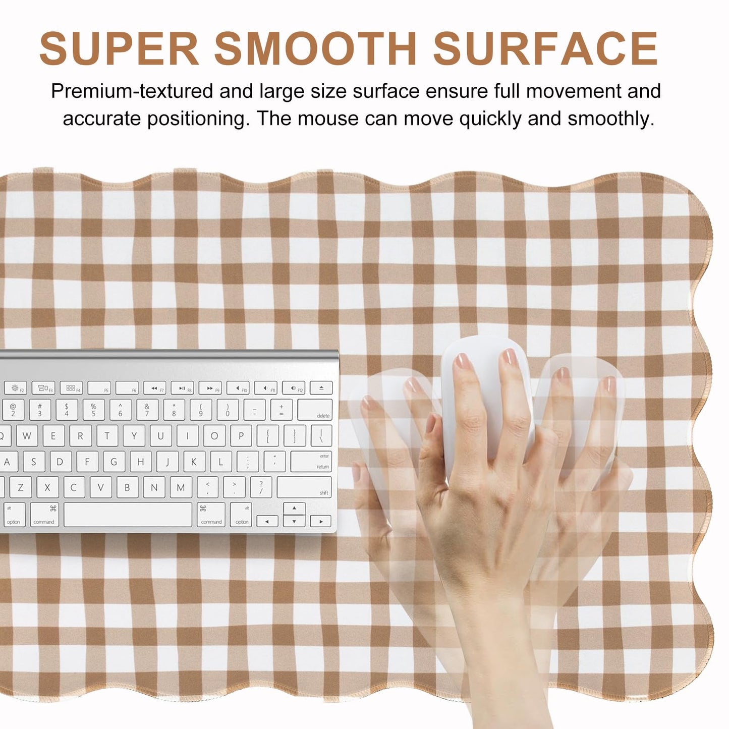 L-SPOUTTO Brown Checkered Mouse Pad,Cottagecore Scalloped Desk Mat XXL Large Cute Gingham Gaming