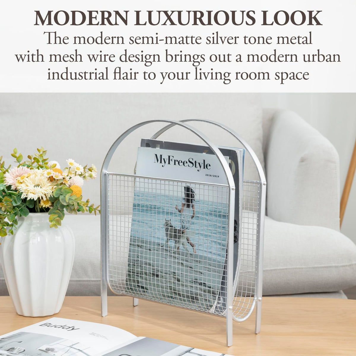 MyGift Mid-Century Silver Metal Mesh Magazine Rack, Freestanding Holder