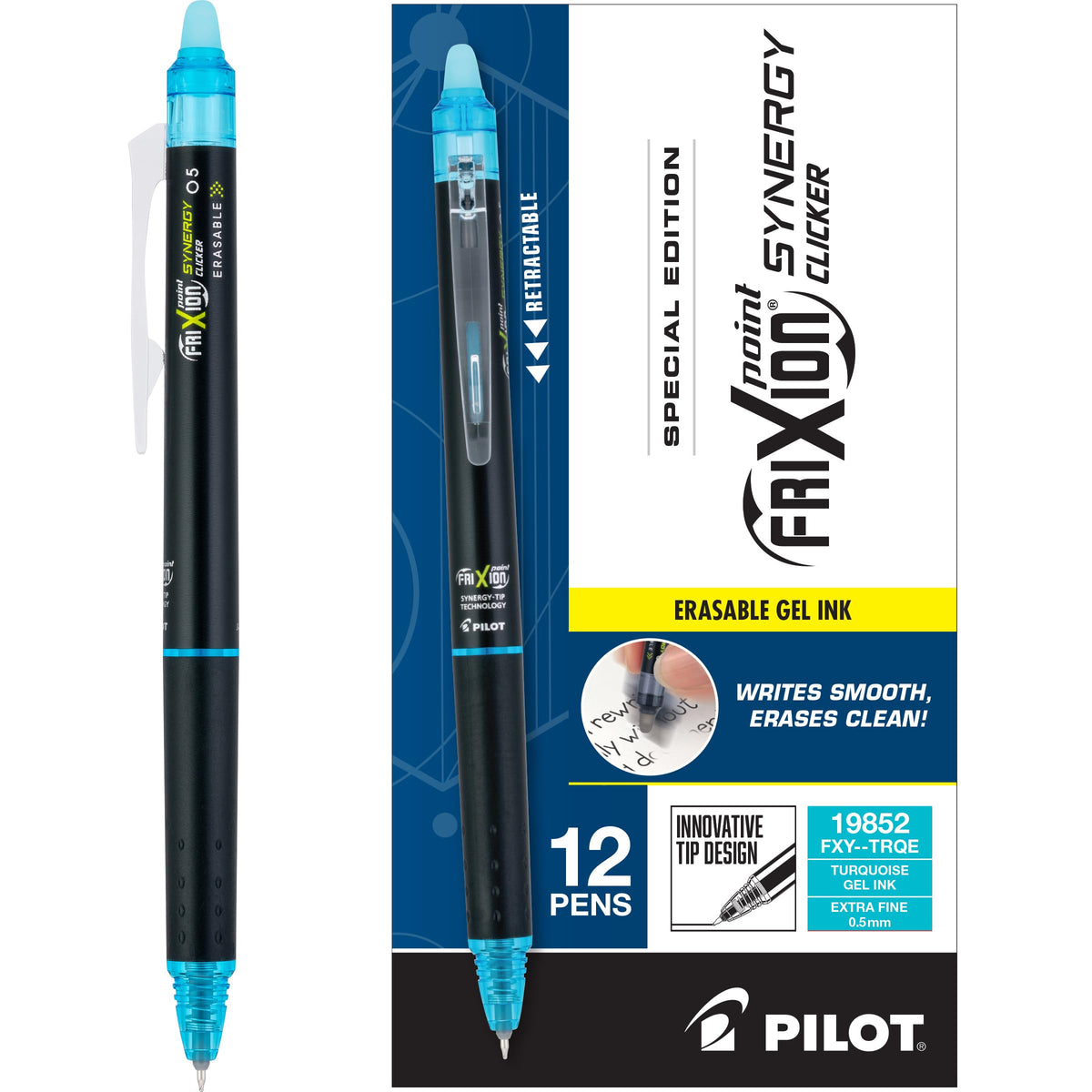 Pilot FriXion Synergy Clicker Erasable Gel Ink Pens, 0.5mm, Turquoise, 12pk