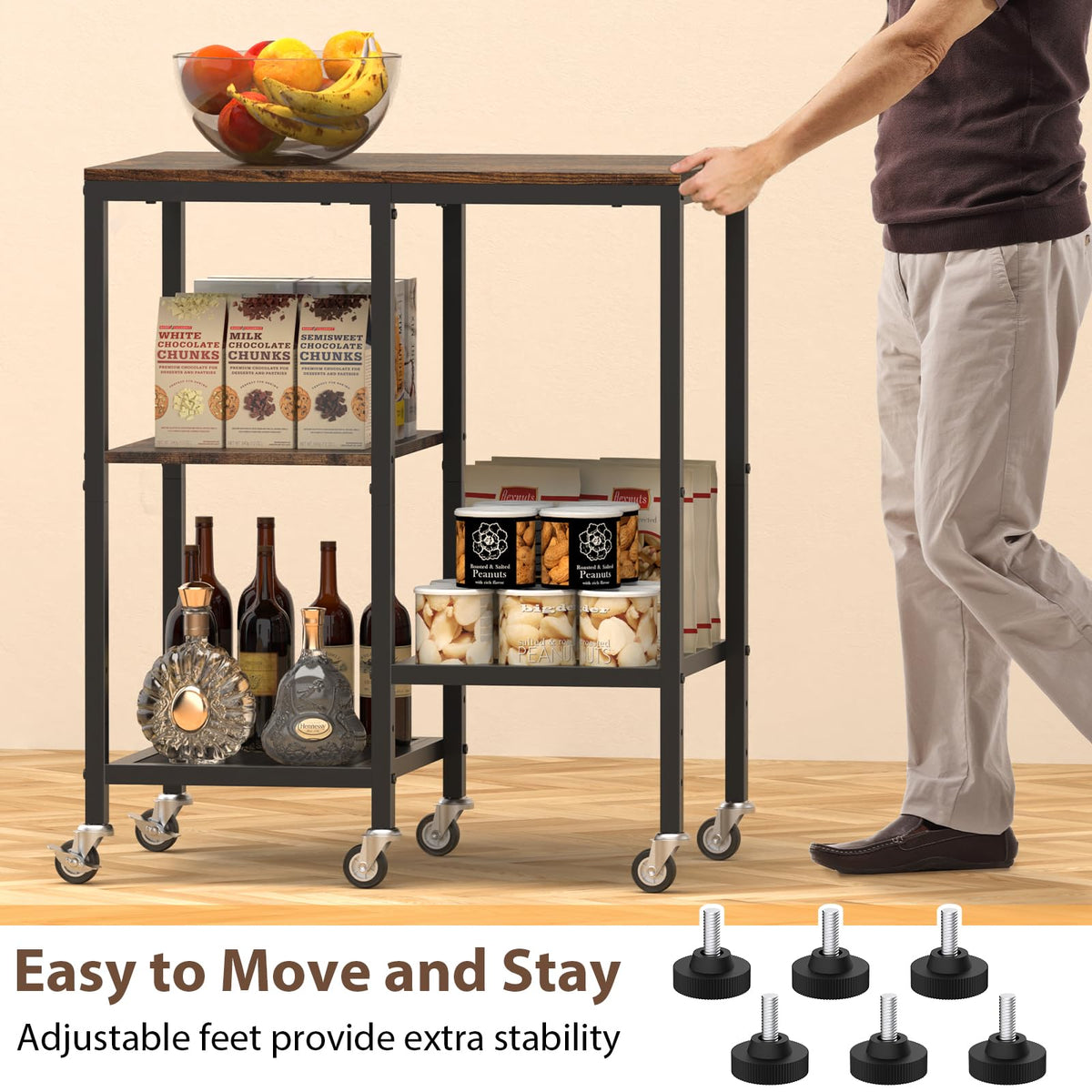 OGEMXU Rolling Kitchen Microwave Cart,4 Tier Microwave Stand,Brown